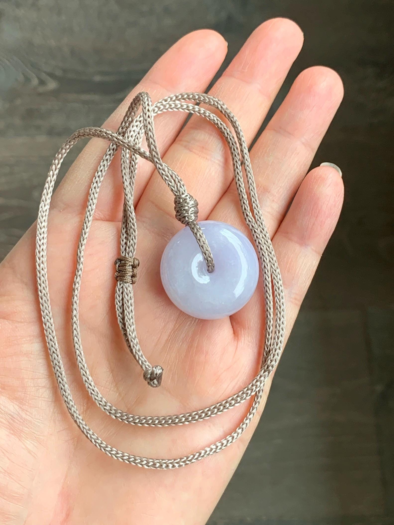 Certified Natural Grade A Icy Translucent Light Purple Jadeite Ping An Kou Thick Donut Pendant Rope Necklace 26” 13.9g 天然冰紫翡翠厚平安扣吊坠 1509