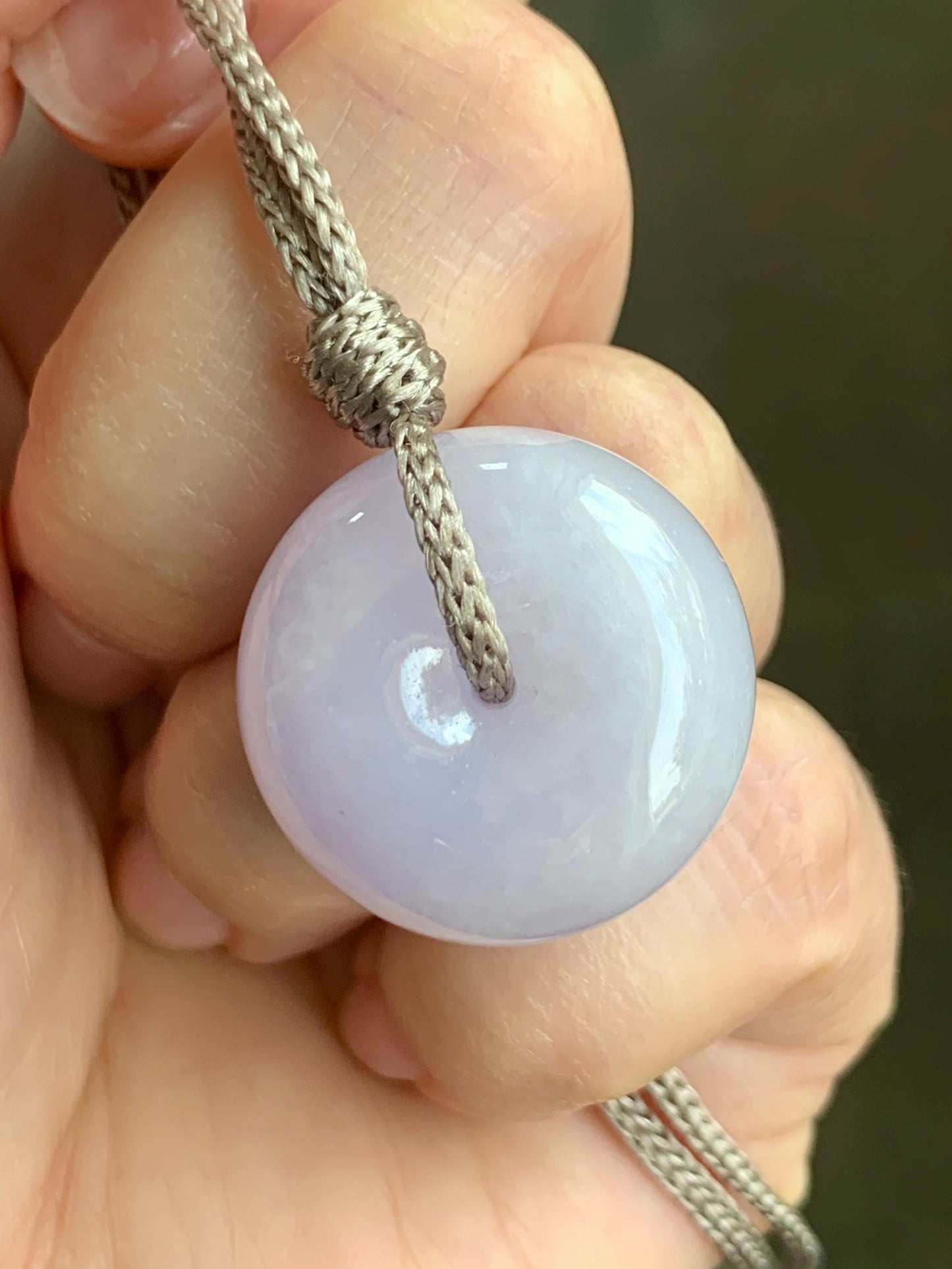 Certified Natural Grade A Icy Translucent Light Purple Jadeite Ping An Kou Thick Donut Pendant Rope Necklace 26” 13.9g 天然冰紫翡翠厚平安扣吊坠 1509