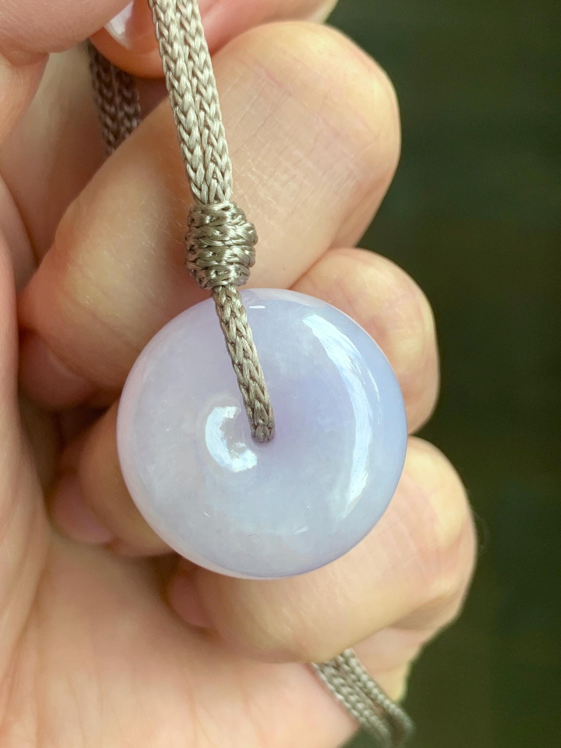 Certified Natural Grade A Icy Translucent Light Purple Jadeite Ping An Kou Thick Donut Pendant Rope Necklace 26” 13.9g 天然冰紫翡翠厚平安扣吊坠 1509