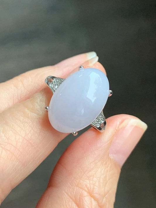 Natural Grade A Icy Translucent Pastel Purple Undertone Jadeite Oval Cabochon Ring Sterling Silver Size Adjustable 天然冰淡紫底翡翠大蛋面银镶戒指 DDZ-A