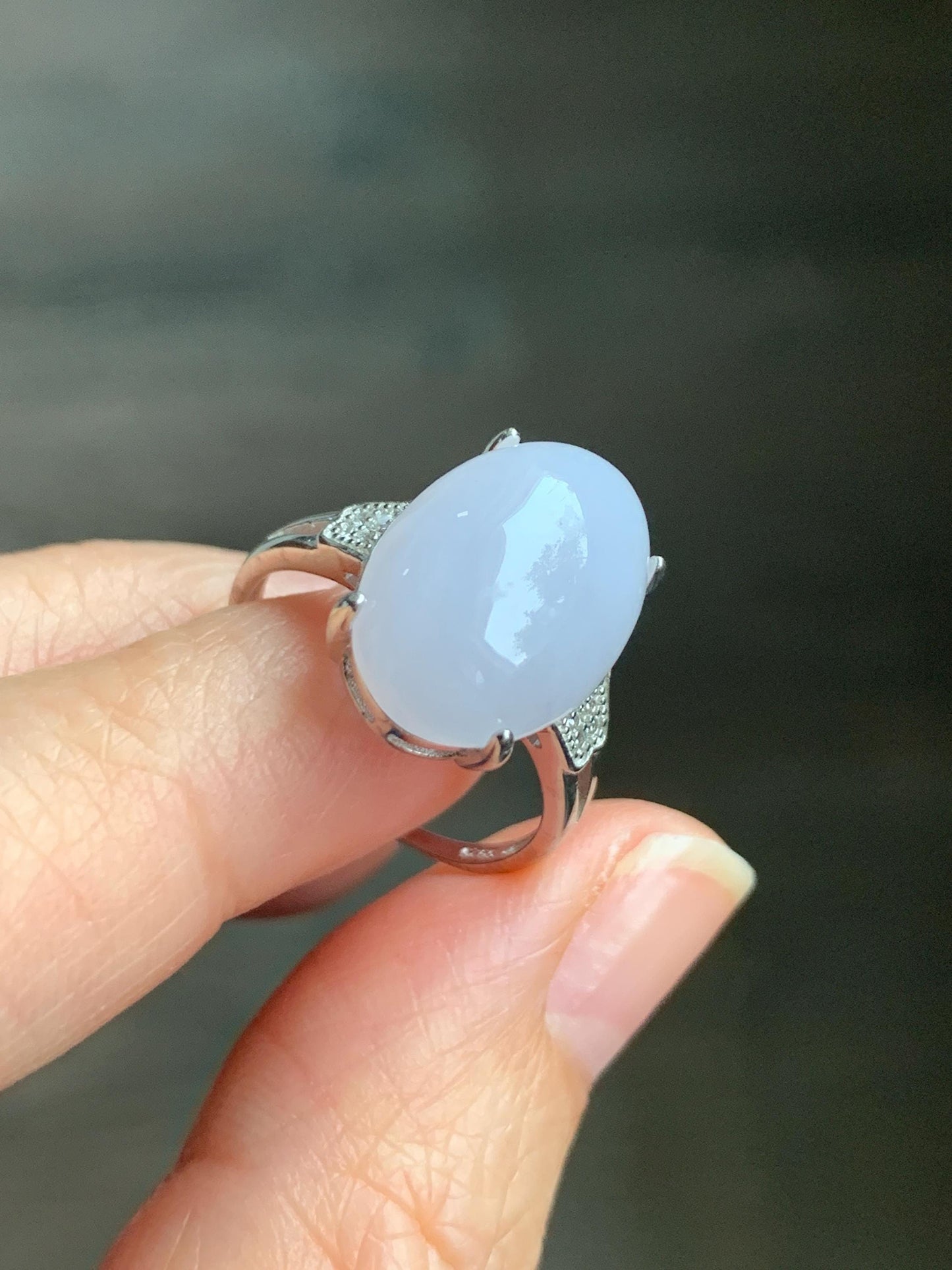 Natural Grade A Icy Translucent Pastel Purple Undertone Jadeite Oval Cabochon Ring Sterling Silver Size Adjustable 天然冰淡紫底翡翠大蛋面银镶戒指 DDZ-A