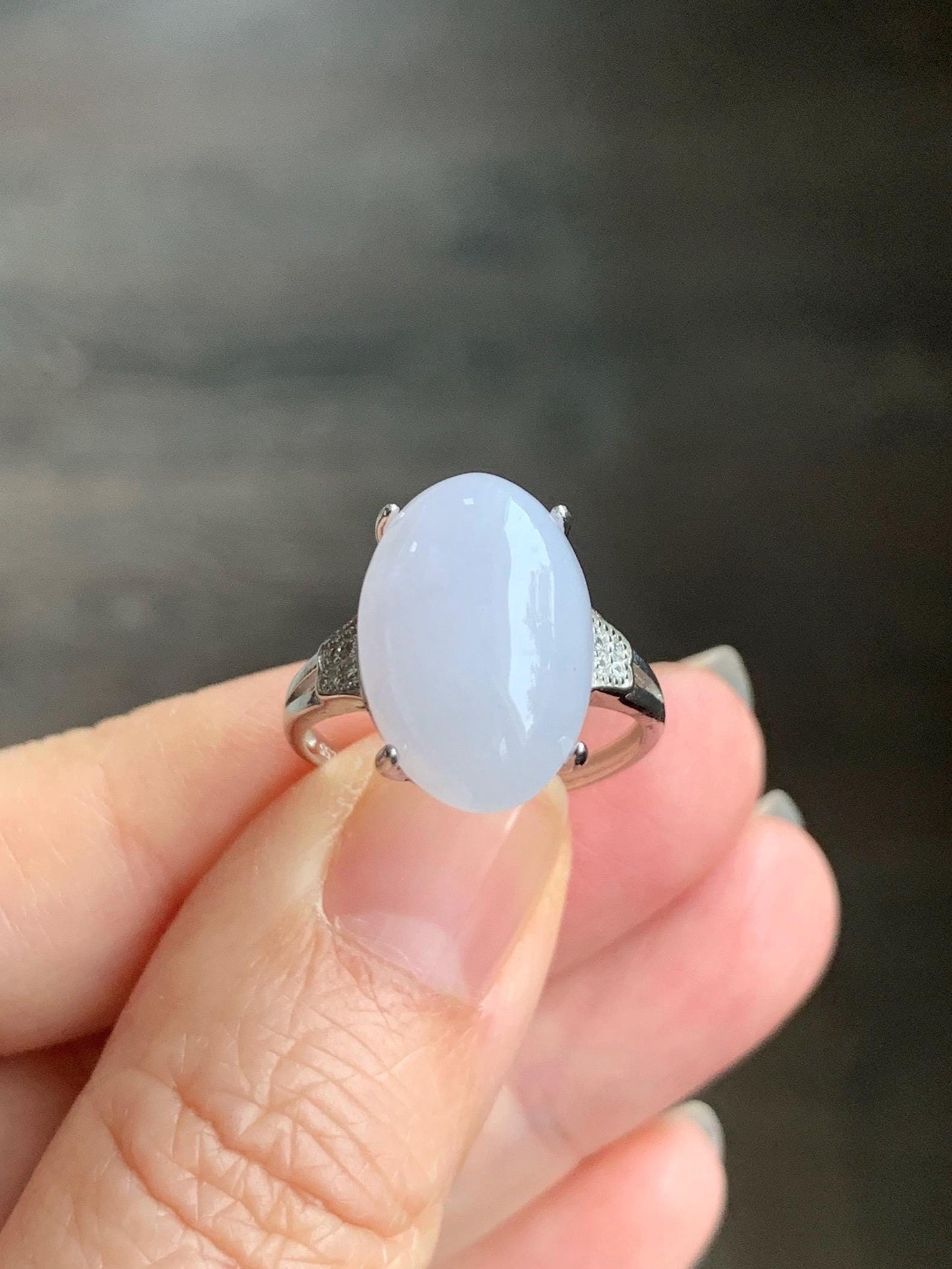 Natural Grade A Icy Translucent Pastel Purple Undertone Jadeite Oval Cabochon Ring Sterling Silver Size Adjustable 天然冰淡紫底翡翠大蛋面银镶戒指 DDZ-A