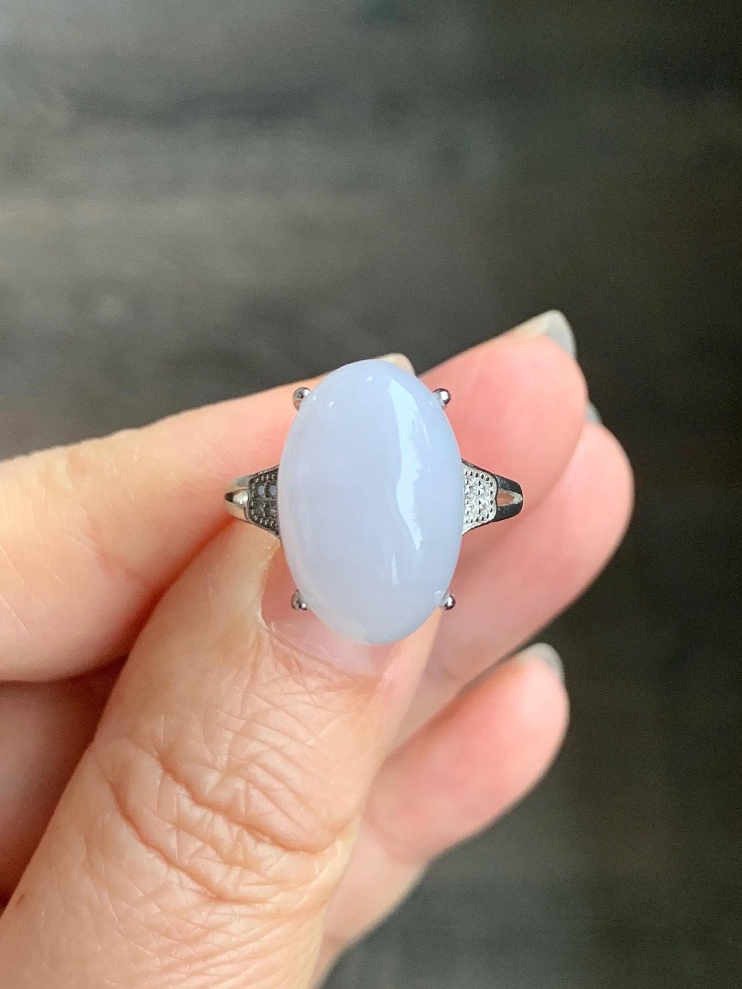 Natural Grade A Icy Translucent Pastel Purple Undertone Jadeite Oval Cabochon Ring Sterling Silver Size Adjustable 天然冰淡紫底翡翠大蛋面银镶戒指 DDZ-A