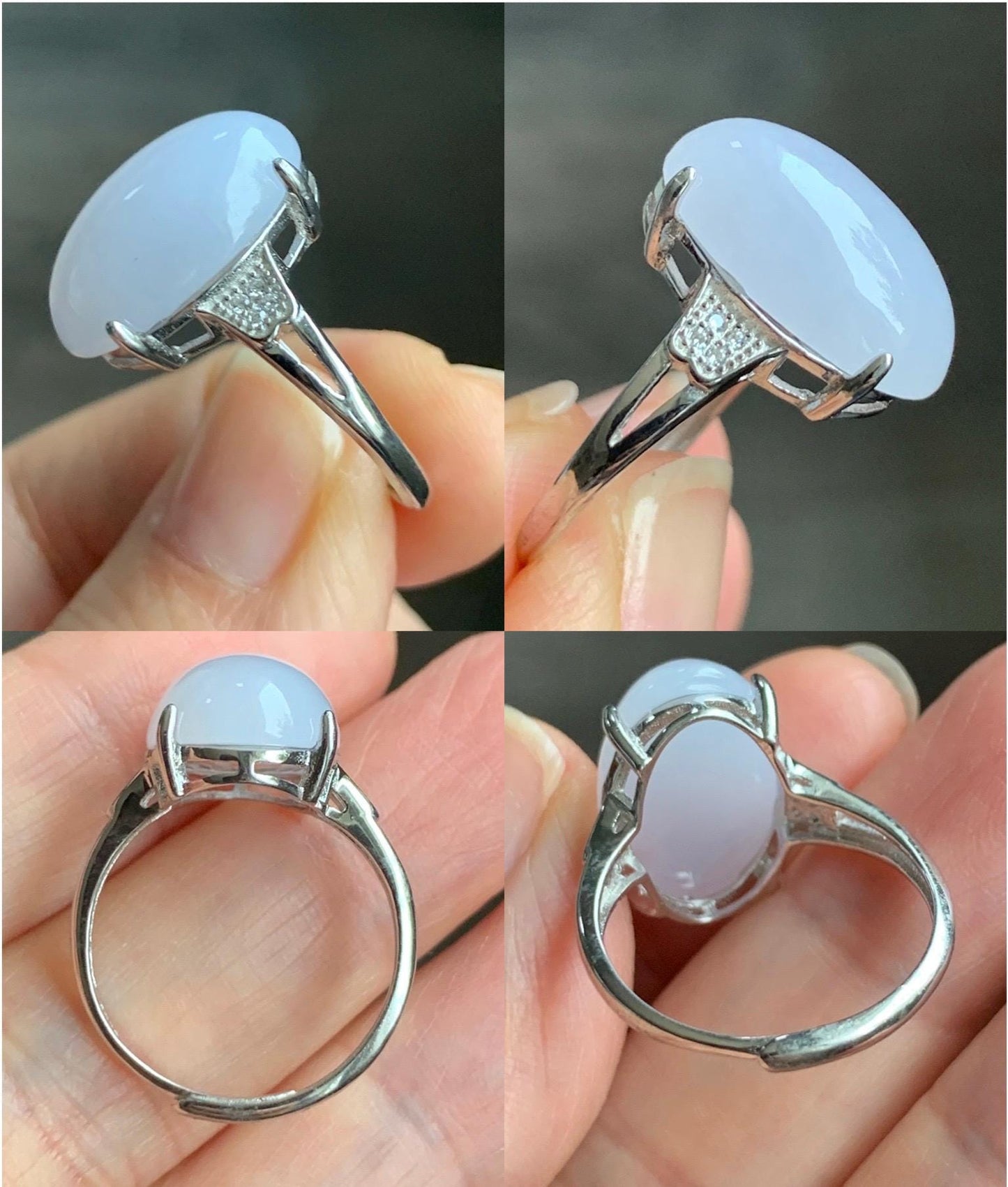 Natural Grade A Icy Translucent Pastel Purple Undertone Jadeite Oval Cabochon Ring Sterling Silver Size Adjustable 天然冰淡紫底翡翠大蛋面银镶戒指 DDZ-A