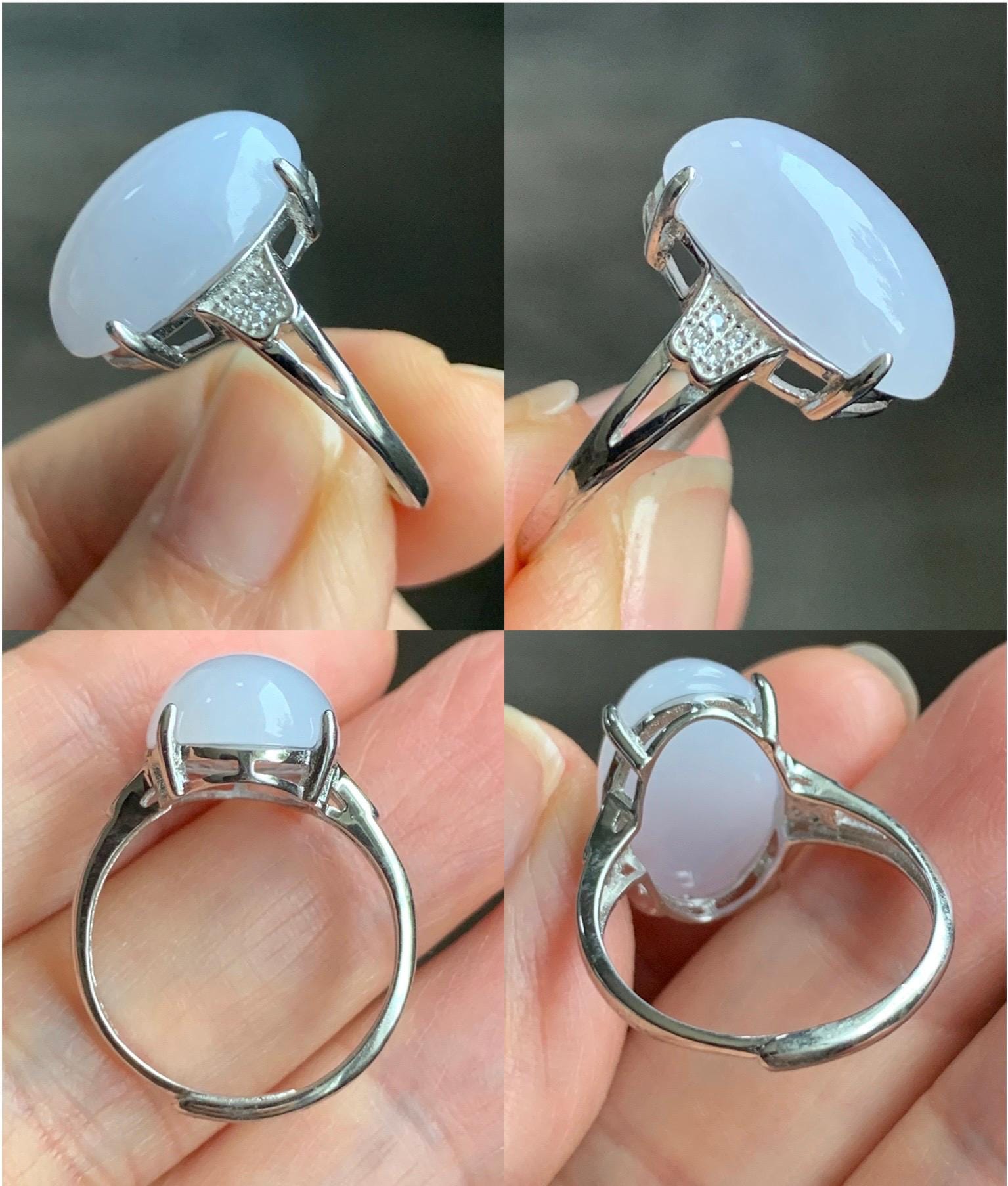 Natural Grade A Icy Translucent Pastel Purple Undertone Jadeite Oval Cabochon Ring Sterling Silver Size Adjustable 天然冰淡紫底翡翠大蛋面银镶戒指 DDZ-A
