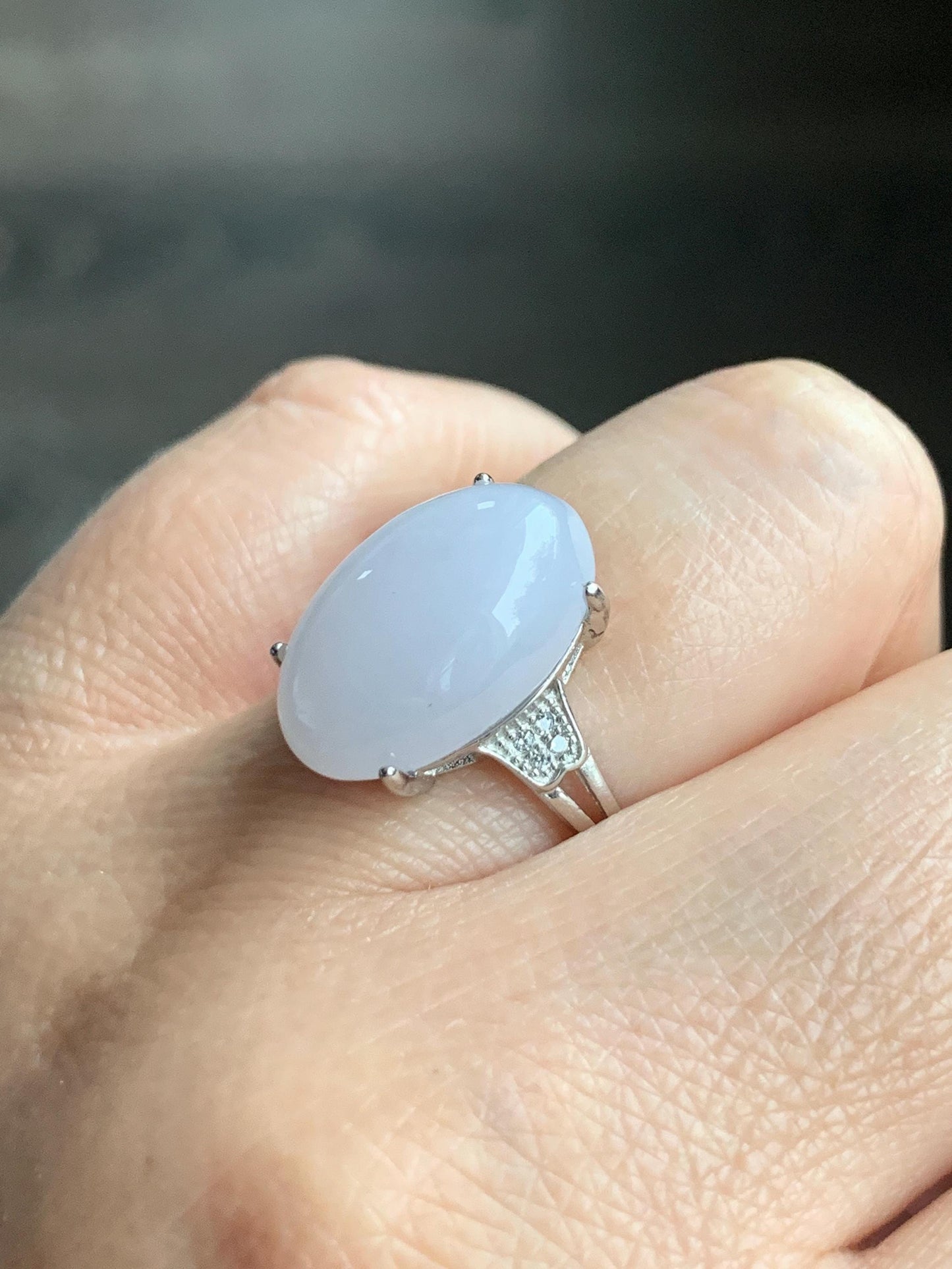Natural Grade A Icy Translucent Pastel Purple Undertone Jadeite Oval Cabochon Ring Sterling Silver Size Adjustable 天然冰淡紫底翡翠大蛋面银镶戒指 DDZ-A
