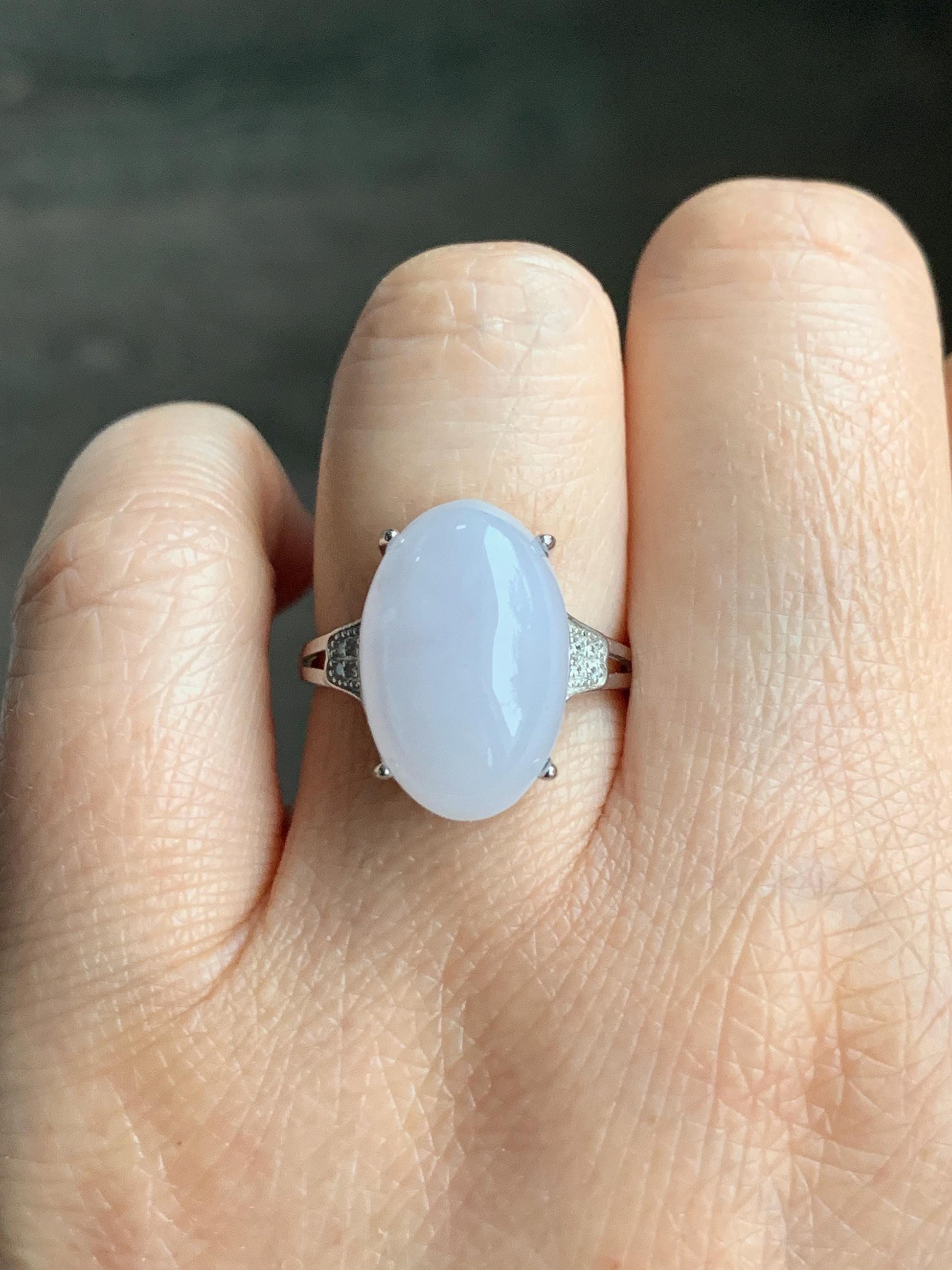 Natural Grade A Icy Translucent Pastel Purple Undertone Jadeite Oval Cabochon Ring Sterling Silver Size Adjustable 天然冰淡紫底翡翠大蛋面银镶戒指 DDZ-A