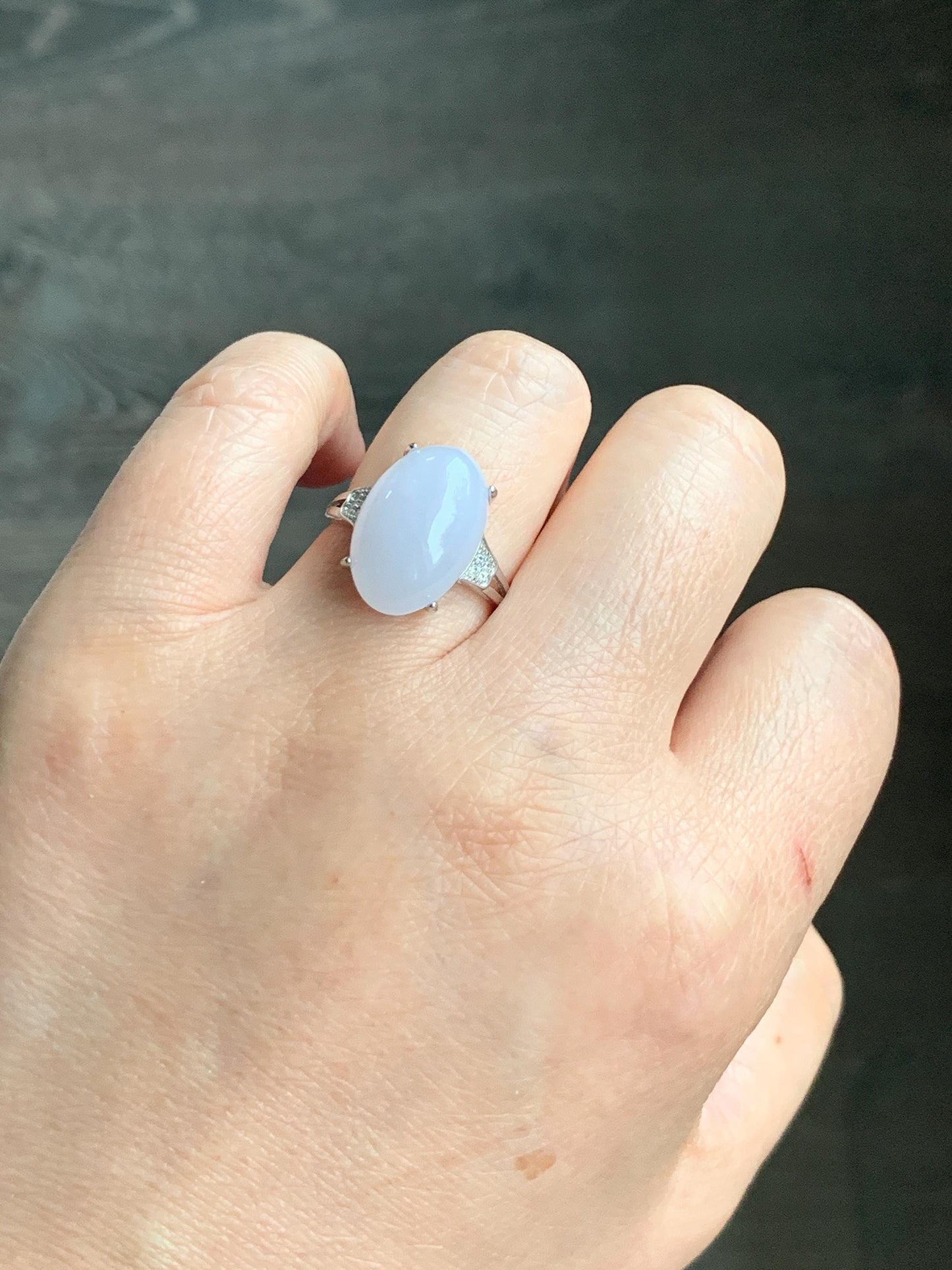 Natural Grade A Icy Translucent Pastel Purple Undertone Jadeite Oval Cabochon Ring Sterling Silver Size Adjustable 天然冰淡紫底翡翠大蛋面银镶戒指 DDZ-A