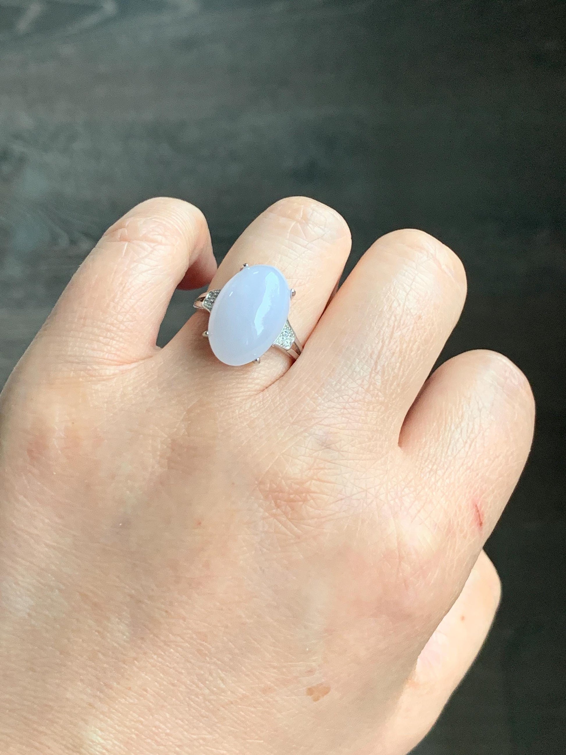 Natural Grade A Icy Translucent Pastel Purple Undertone Jadeite Oval Cabochon Ring Sterling Silver Size Adjustable 天然冰淡紫底翡翠大蛋面银镶戒指 DDZ-A