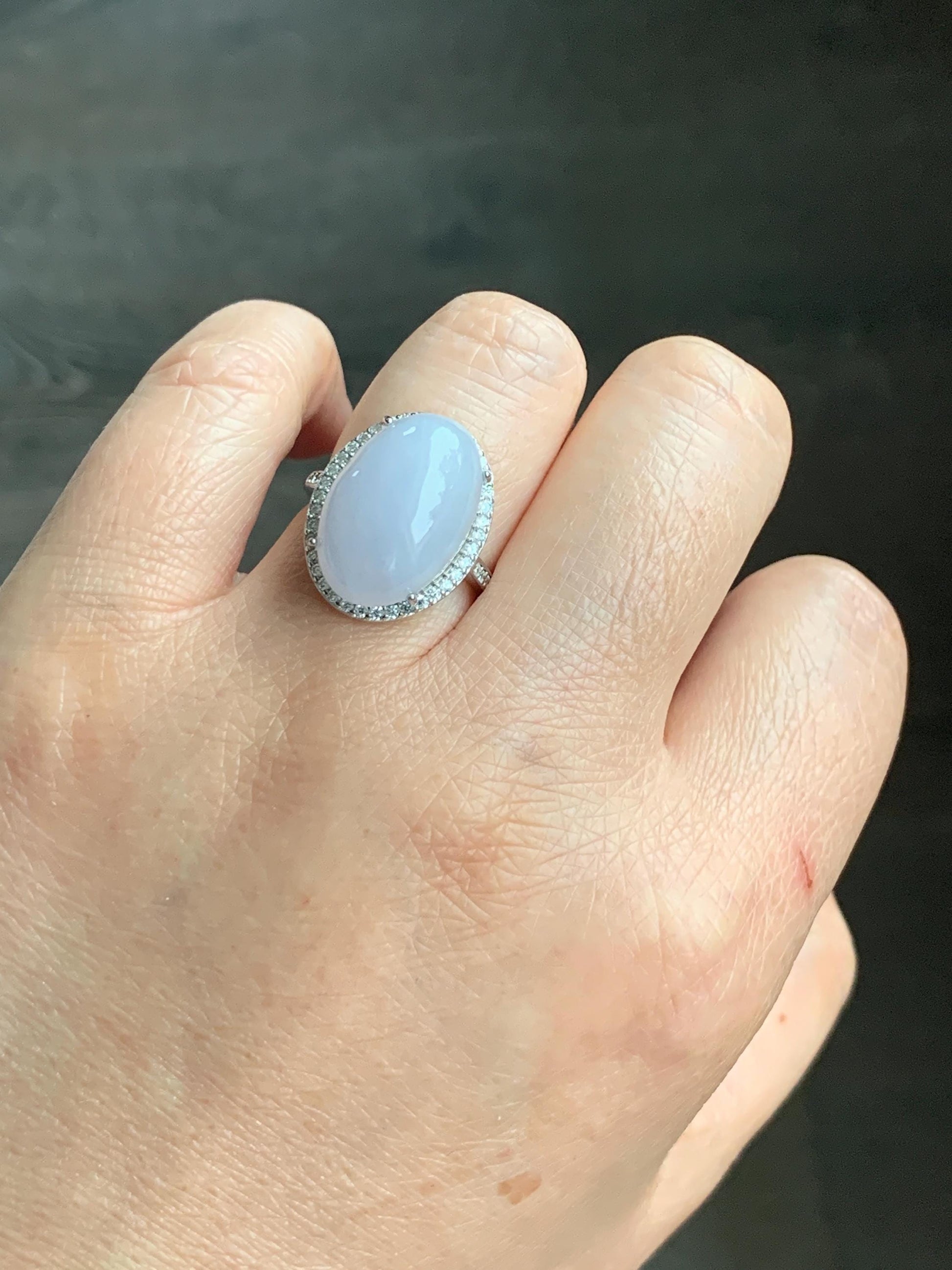 Natural Grade A Icy Translucent Pastel Purple Undertone Jadeite Oval Cabochon Ring Sterling Silver Size Adjustable 天然冰淡紫底翡翠大蛋面银镶戒指 DDZ-B