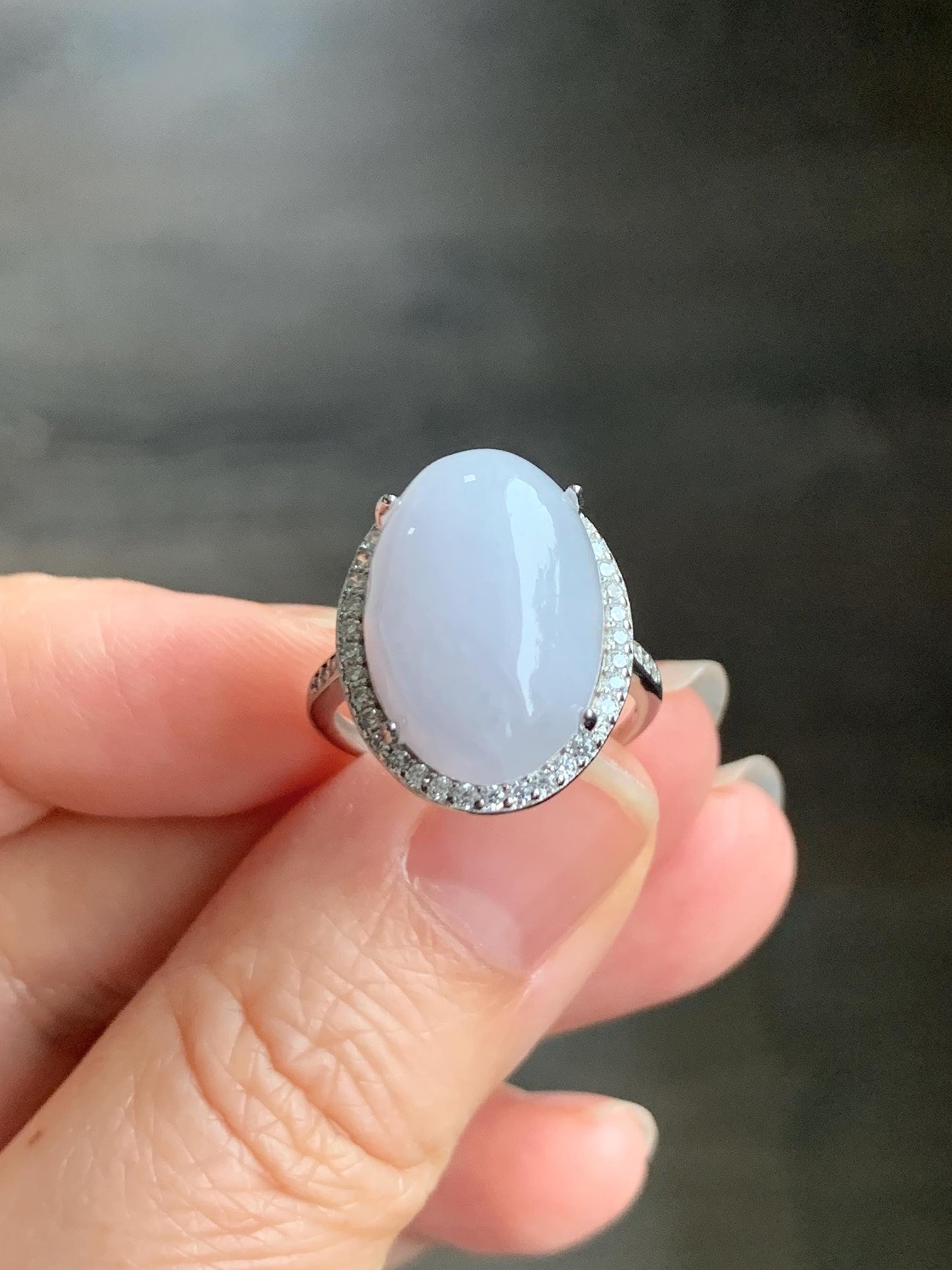 Natural Grade A Icy Translucent Pastel Purple Undertone Jadeite Oval Cabochon Ring Sterling Silver Size Adjustable 天然冰淡紫底翡翠大蛋面银镶戒指 DDZ-B