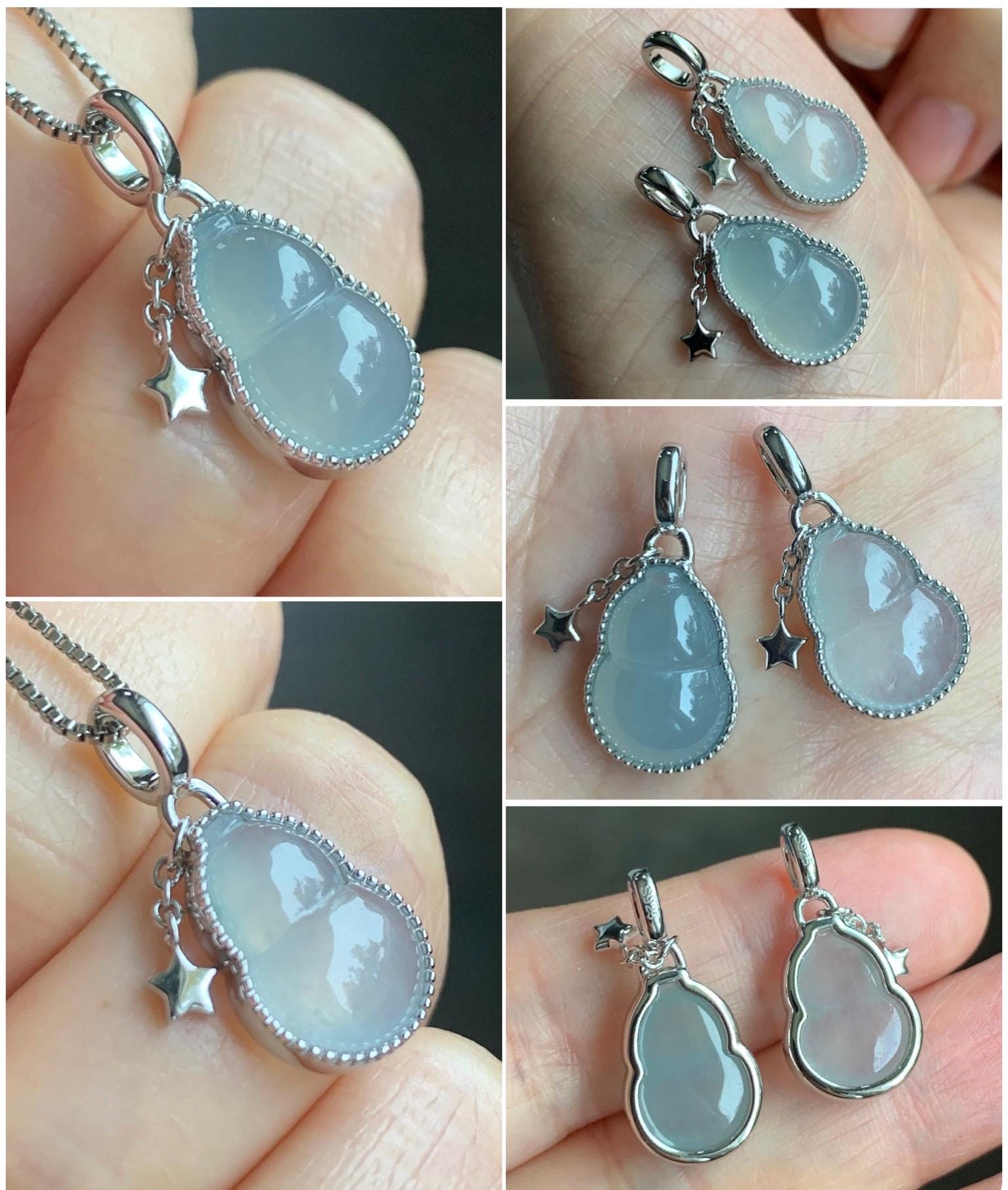 Certified Natural Grade A Icy Highly Translucent White Or Light Blue Jadeite Hulu Gourd Pendant Sterling Silver 天然起冰起光翡翠葫芦镶嵌吊坠