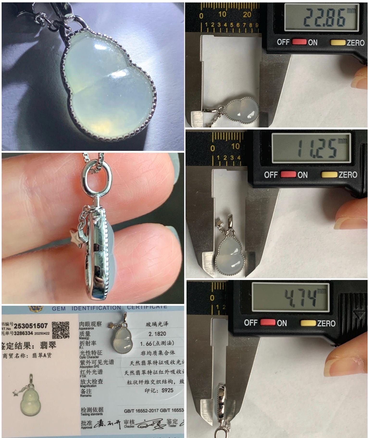 Certified Natural Grade A Icy Highly Translucent White Or Light Blue Jadeite Hulu Gourd Pendant Sterling Silver 天然起冰起光翡翠葫芦镶嵌吊坠