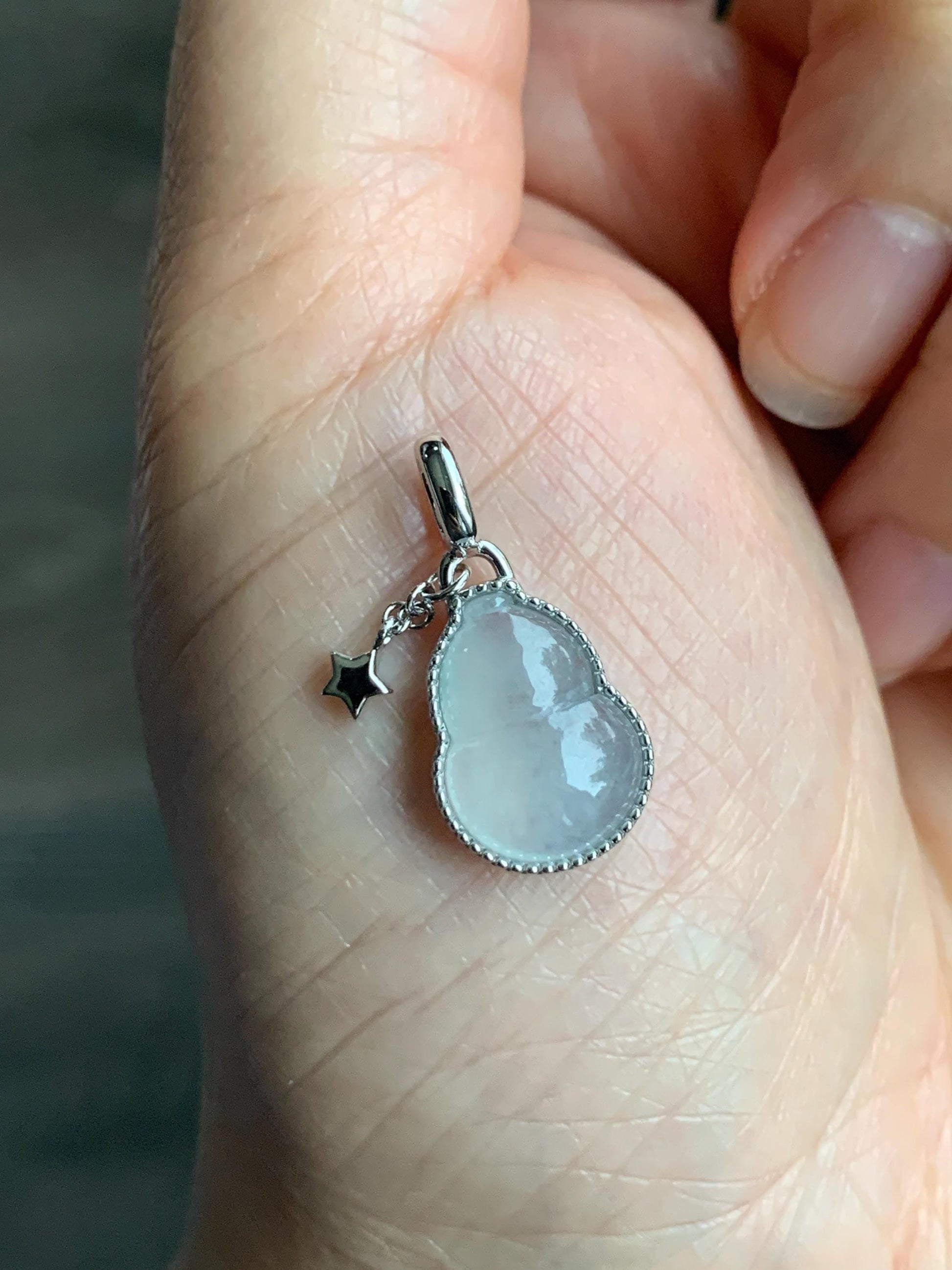 Certified Natural Grade A Icy Highly Translucent White Or Light Blue Jadeite Hulu Gourd Pendant Sterling Silver 天然起冰起光翡翠葫芦镶嵌吊坠