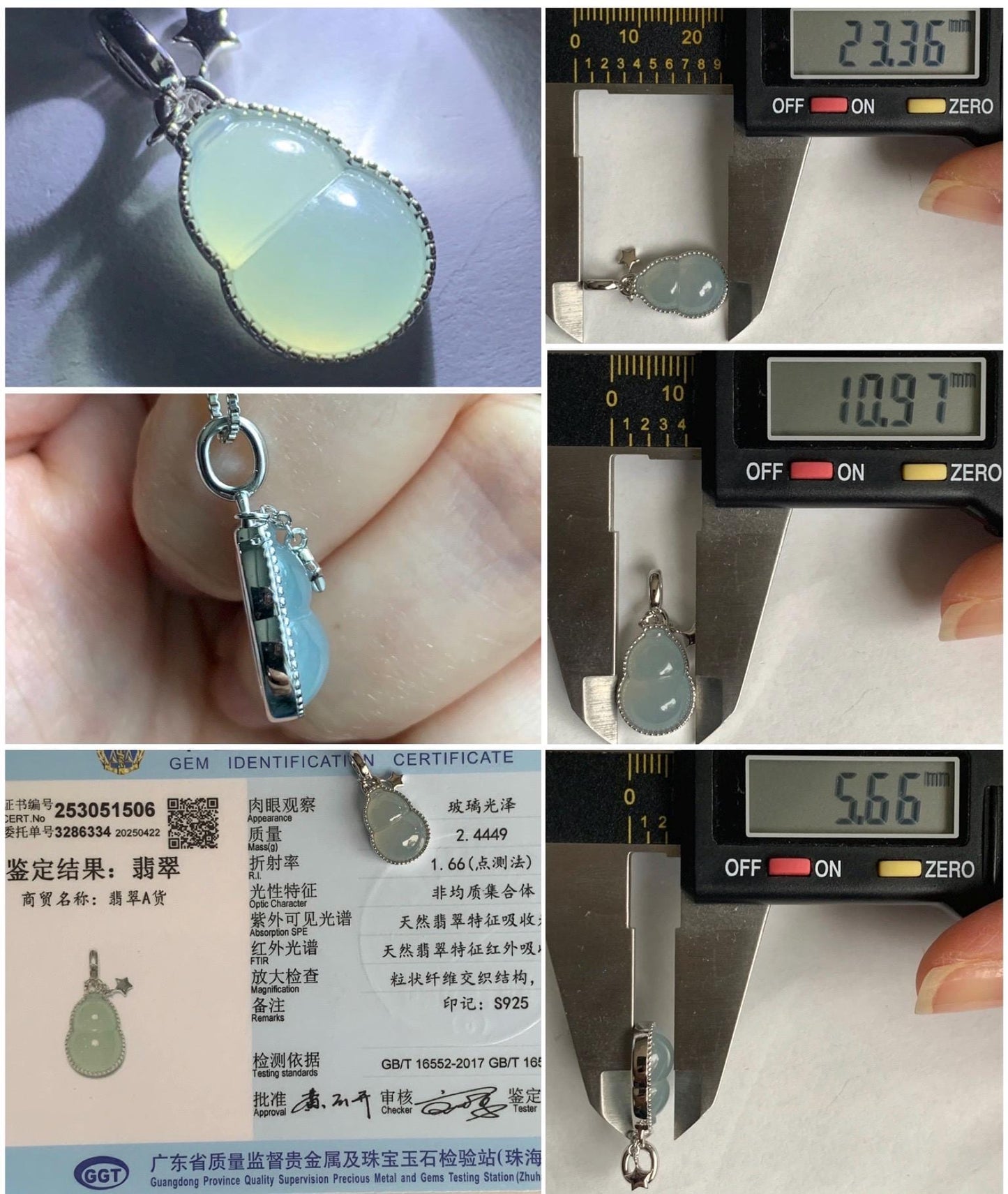Certified Natural Grade A Icy Highly Translucent White Or Light Blue Jadeite Hulu Gourd Pendant Sterling Silver 天然起冰起光翡翠葫芦镶嵌吊坠
