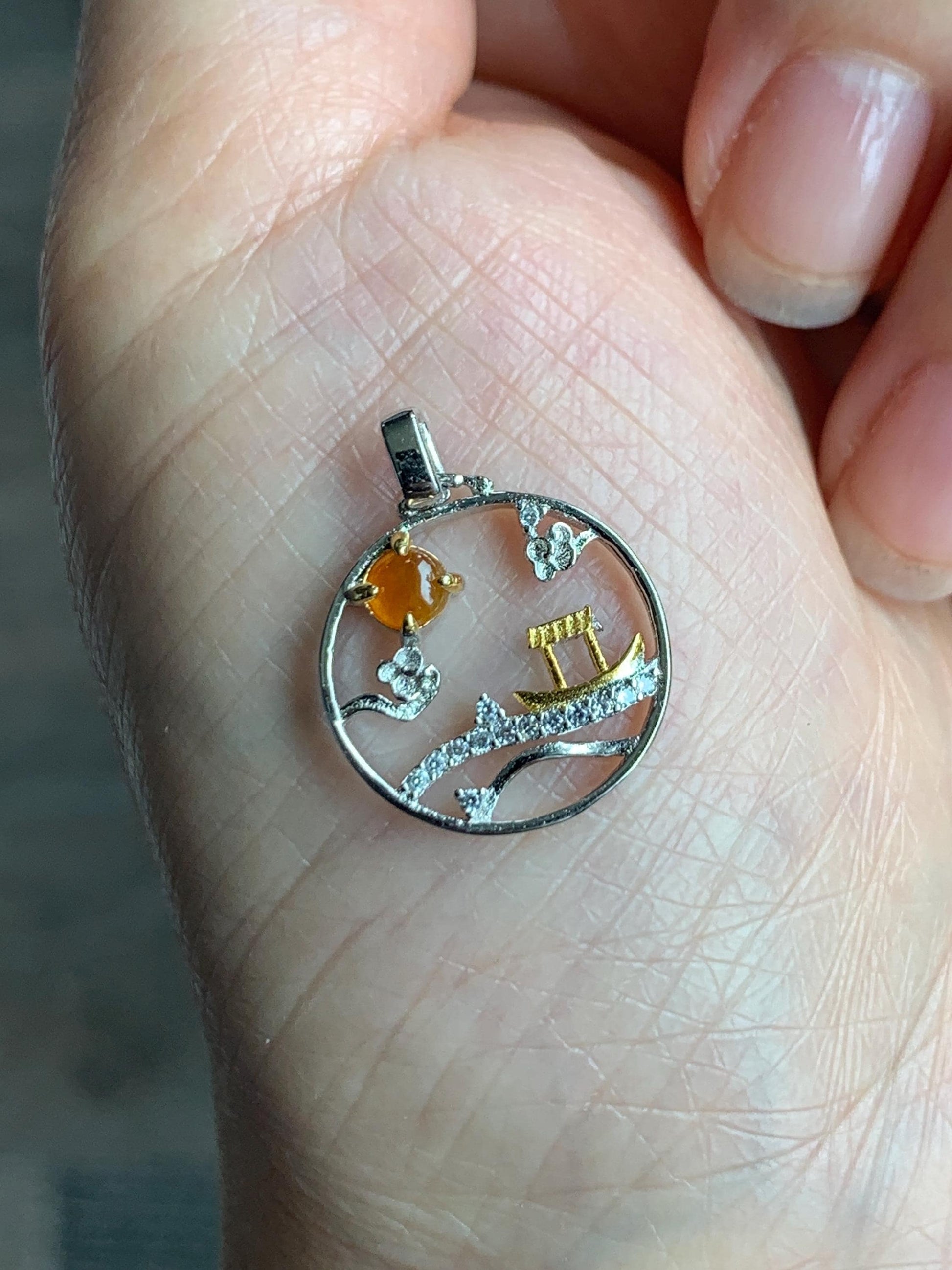 Petite Natural Grade A Icy Translucent Intense Yellow Jadeite Circle Pendant S925 Sterling Silver 天然冰油黄翡翠银镶小山水吊坠 XSH44