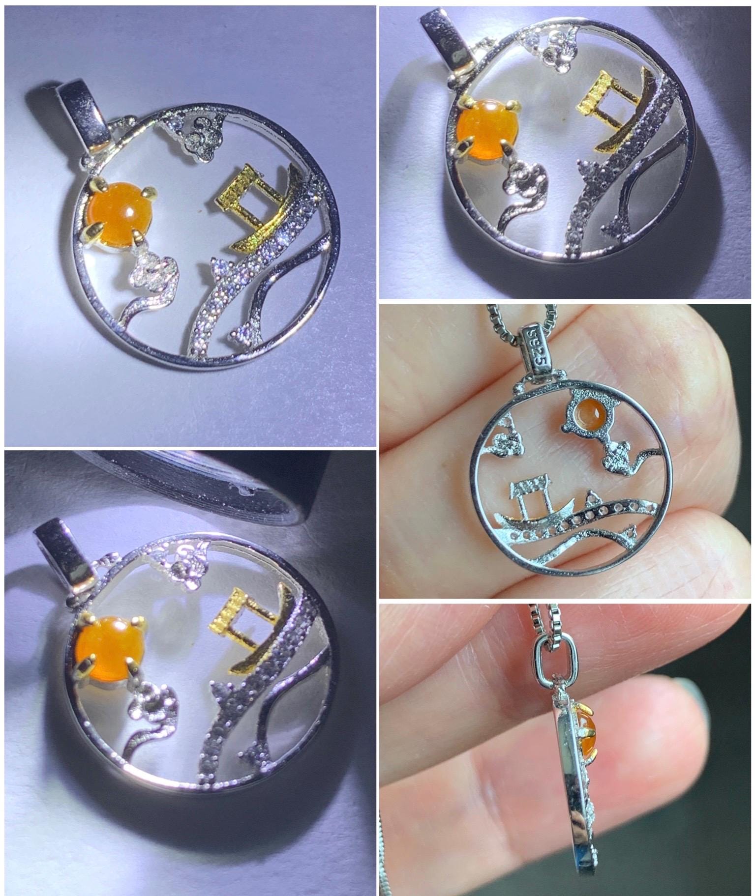 Petite Natural Grade A Icy Translucent Intense Yellow Jadeite Circle Pendant S925 Sterling Silver 天然冰油黄翡翠银镶小山水吊坠 XSH44