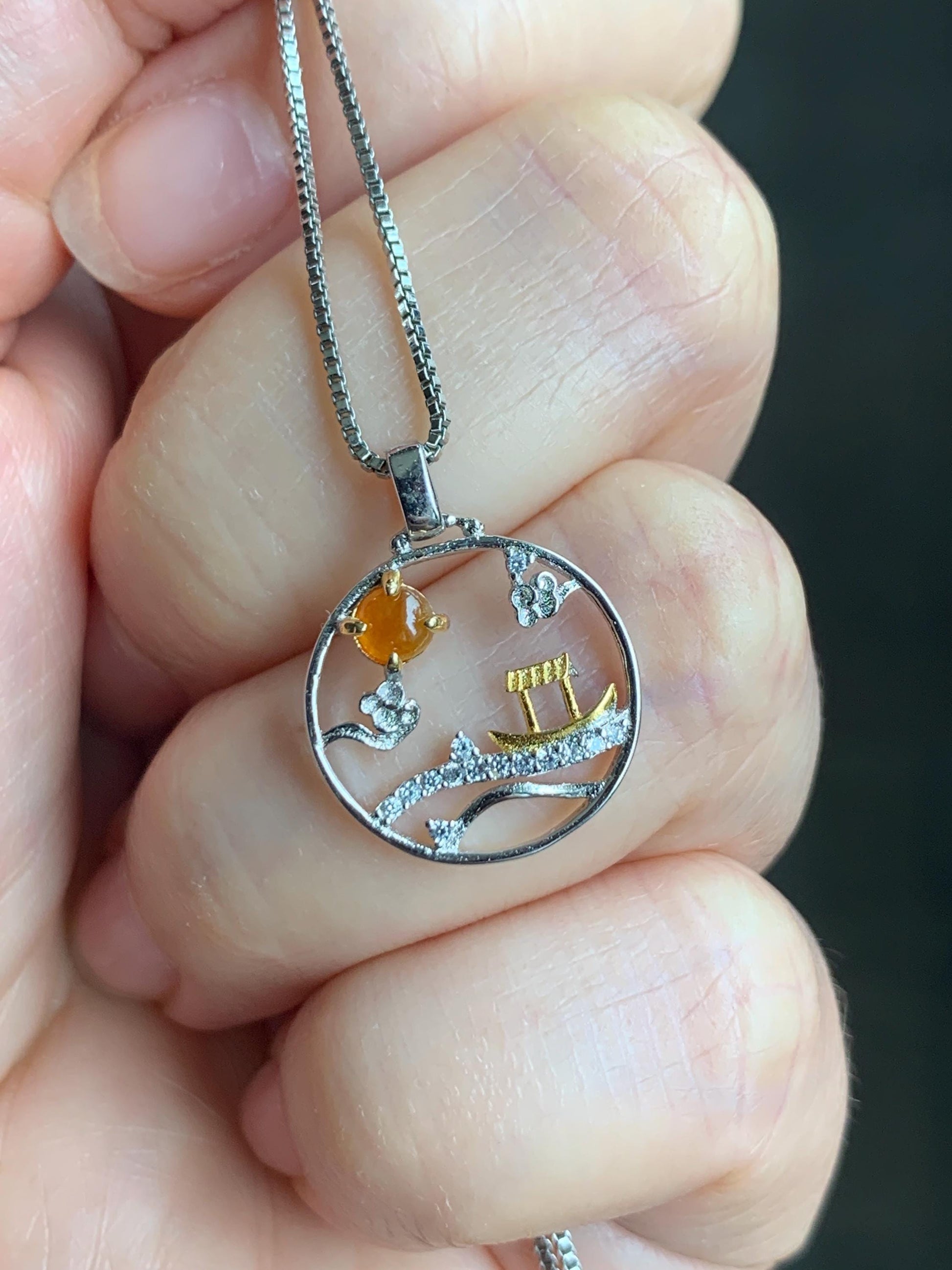 Petite Natural Grade A Icy Translucent Intense Yellow Jadeite Circle Pendant S925 Sterling Silver 天然冰油黄翡翠银镶小山水吊坠 XSH44
