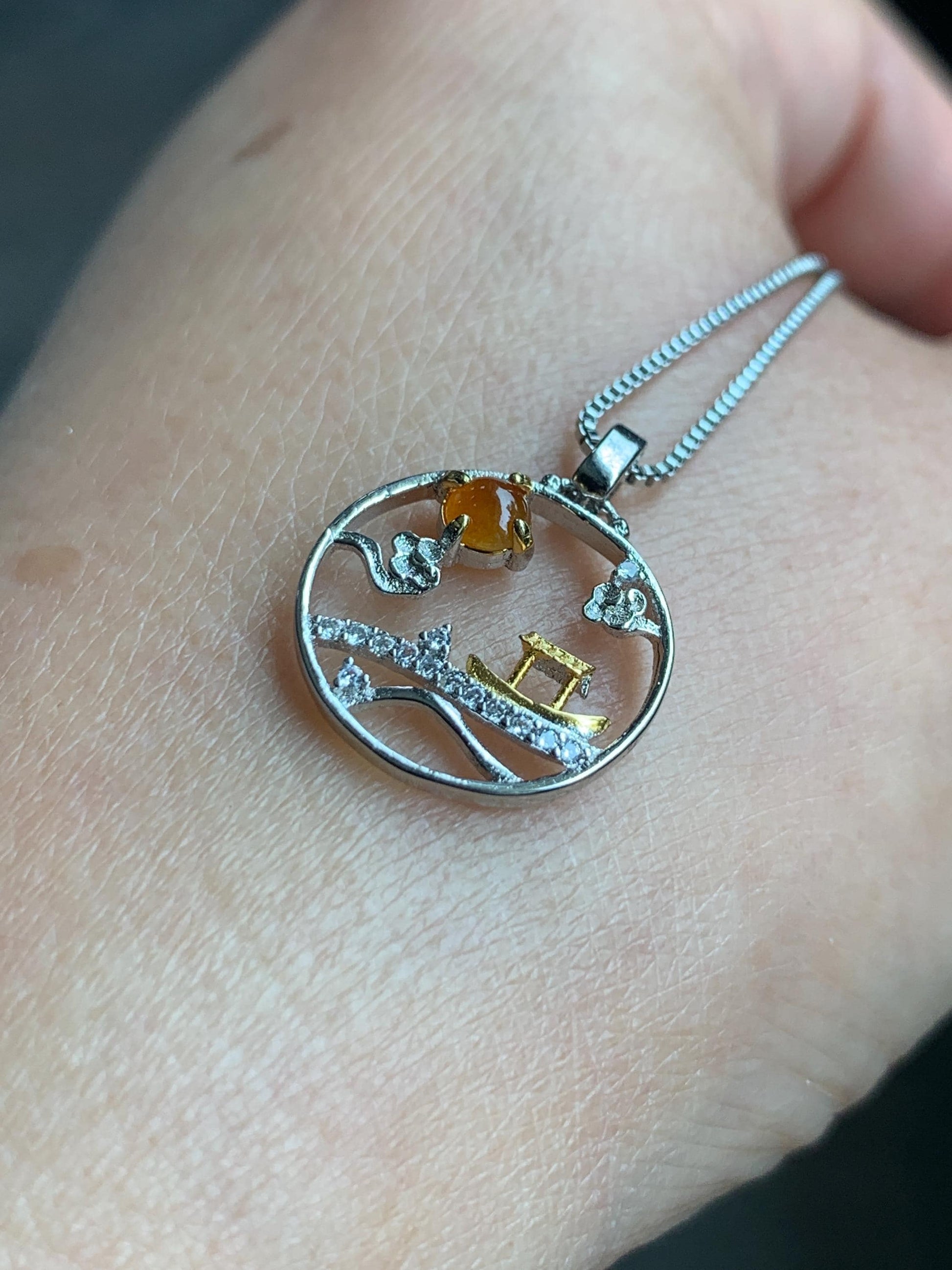 Petite Natural Grade A Icy Translucent Intense Yellow Jadeite Circle Pendant S925 Sterling Silver 天然冰油黄翡翠银镶小山水吊坠 XSH44