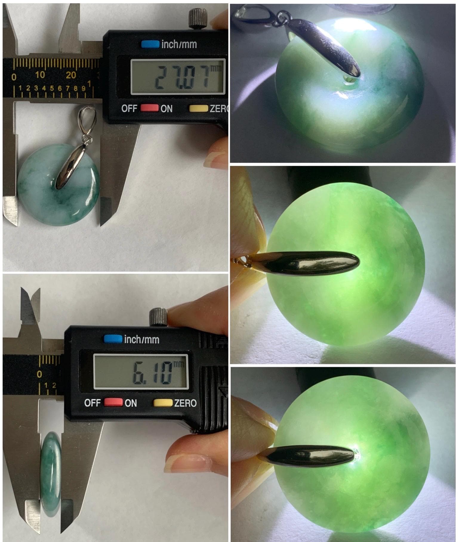 Natural Grade A Icy Translucent Teal Blue Marbled Jadeite Ping An Kou Donut Pendant Sterling Silver Bail 10g 天然糯冰飘花翡翠平安扣吊坠 MPK-2