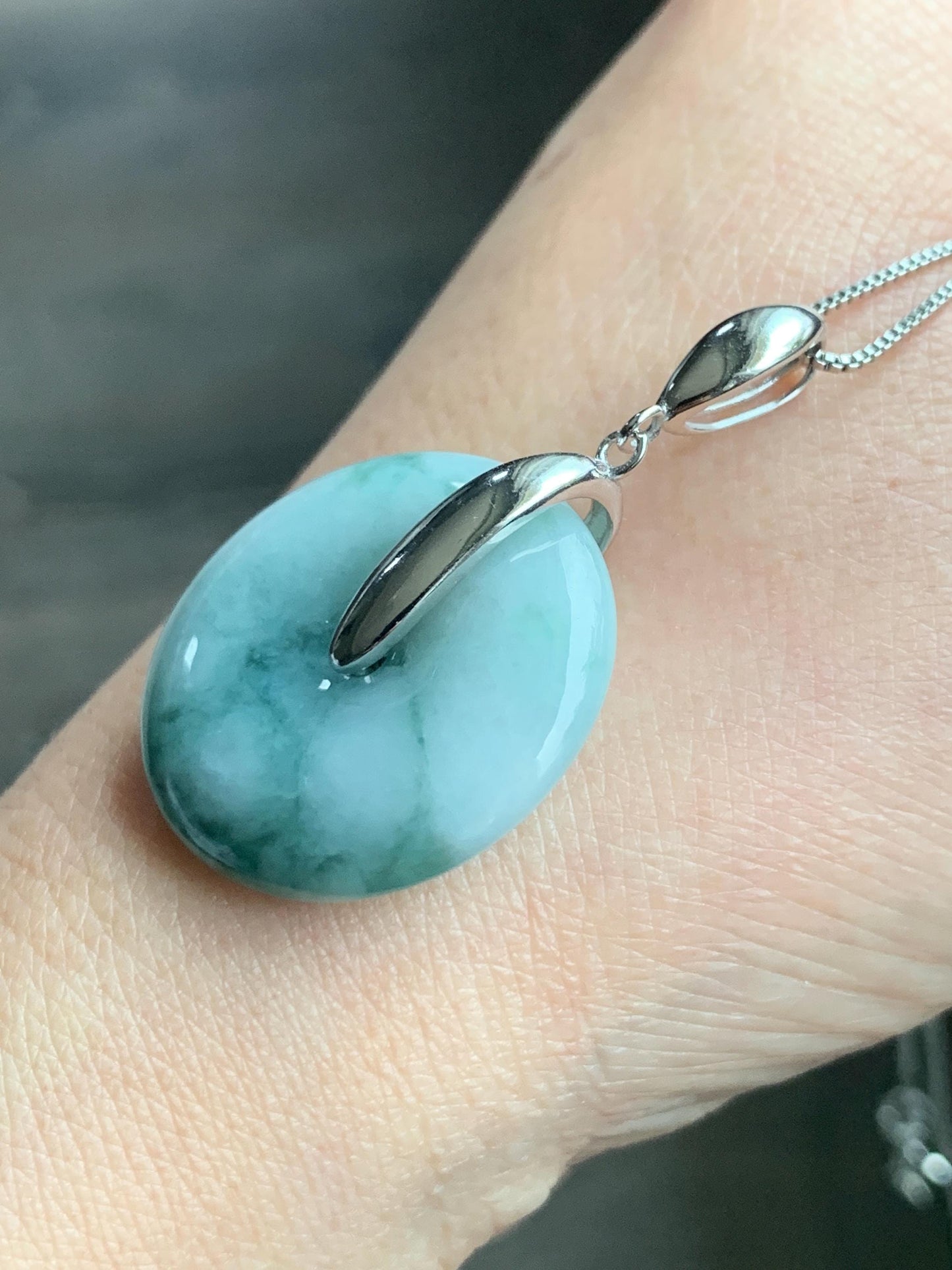 Natural Grade A Icy Translucent Teal Blue Marbled Jadeite Ping An Kou Donut Pendant Sterling Silver Bail 10g 天然糯冰飘花翡翠平安扣吊坠 MPK-2