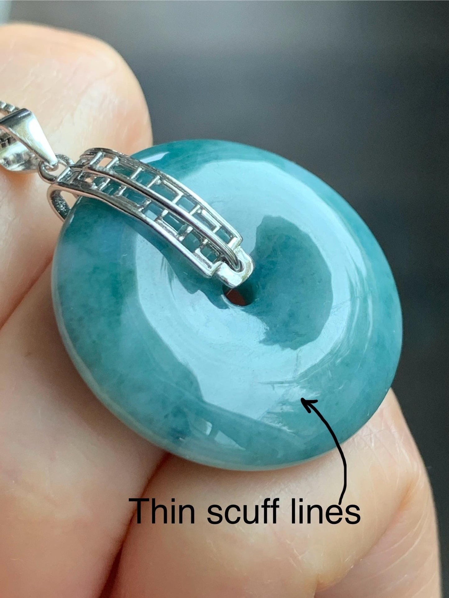 Natural Grade A Icy Translucent Teal Blue Marbled Jadeite Ping An Kou Donut Pendant Sterling Silver Bail 9g 天然糯冰飘花翡翠平安扣吊坠 MPK-3