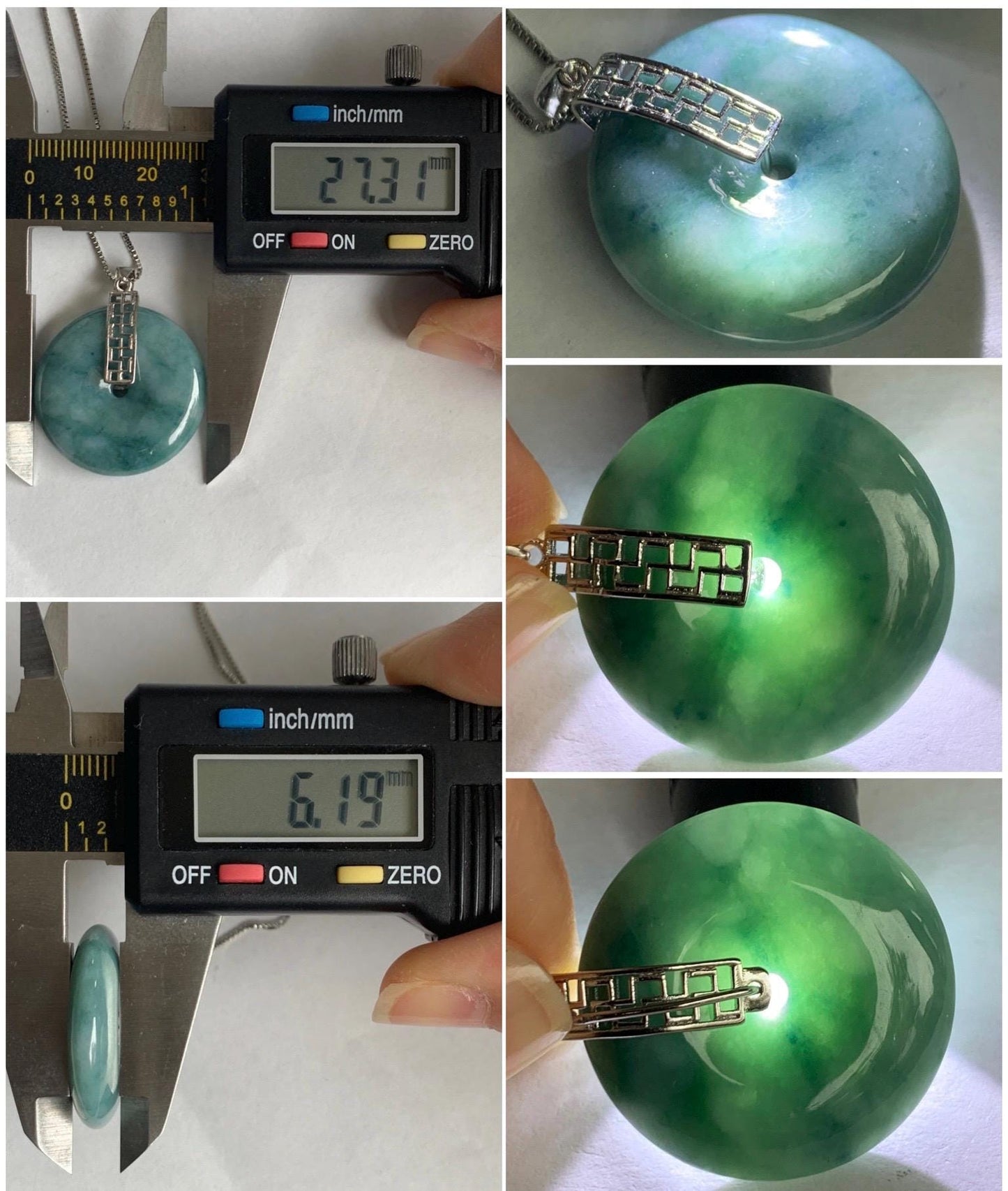 Natural Grade A Icy Translucent Teal Blue Marbled Jadeite Ping An Kou Donut Pendant Sterling Silver Bail 9g 天然糯冰飘花翡翠平安扣吊坠 MPK-3