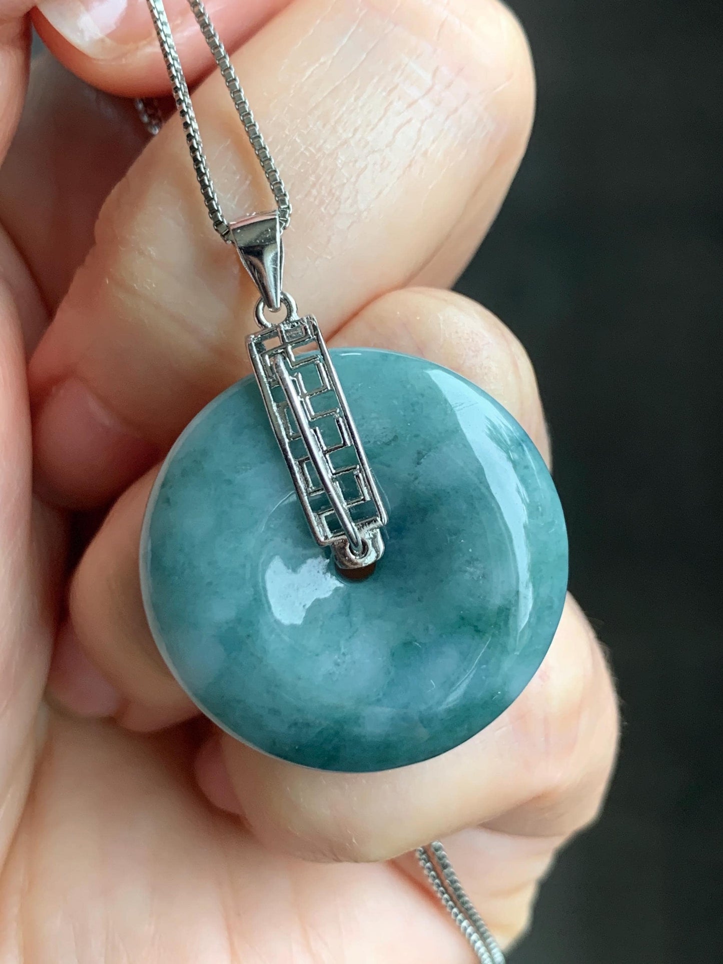 Natural Grade A Icy Translucent Teal Blue Marbled Jadeite Ping An Kou Donut Pendant Sterling Silver Bail 9g 天然糯冰飘花翡翠平安扣吊坠 MPK-3