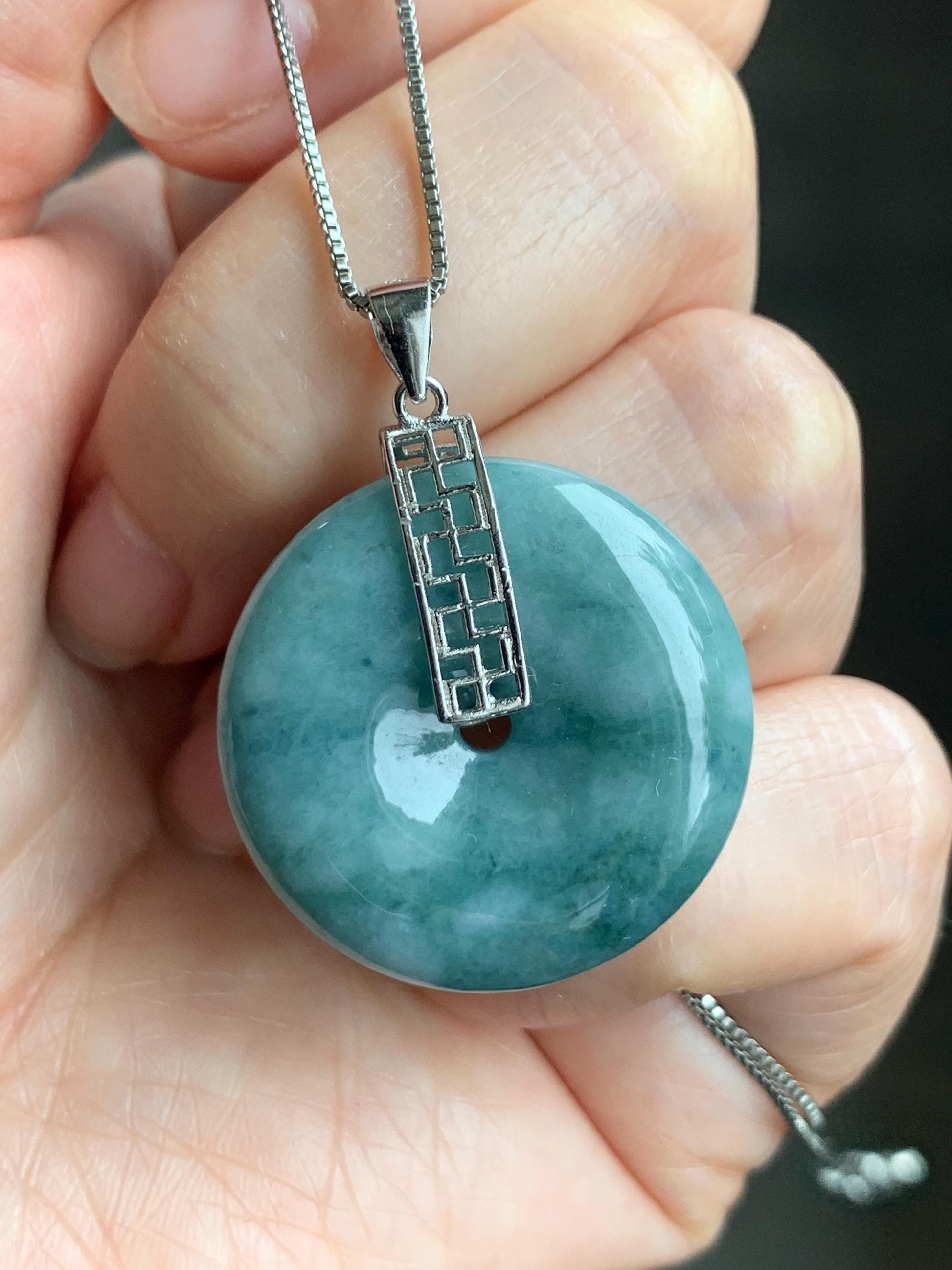 Natural Grade A Icy Translucent Teal Blue Marbled Jadeite Ping An Kou Donut Pendant Sterling Silver Bail 9g 天然糯冰飘花翡翠平安扣吊坠 MPK-3