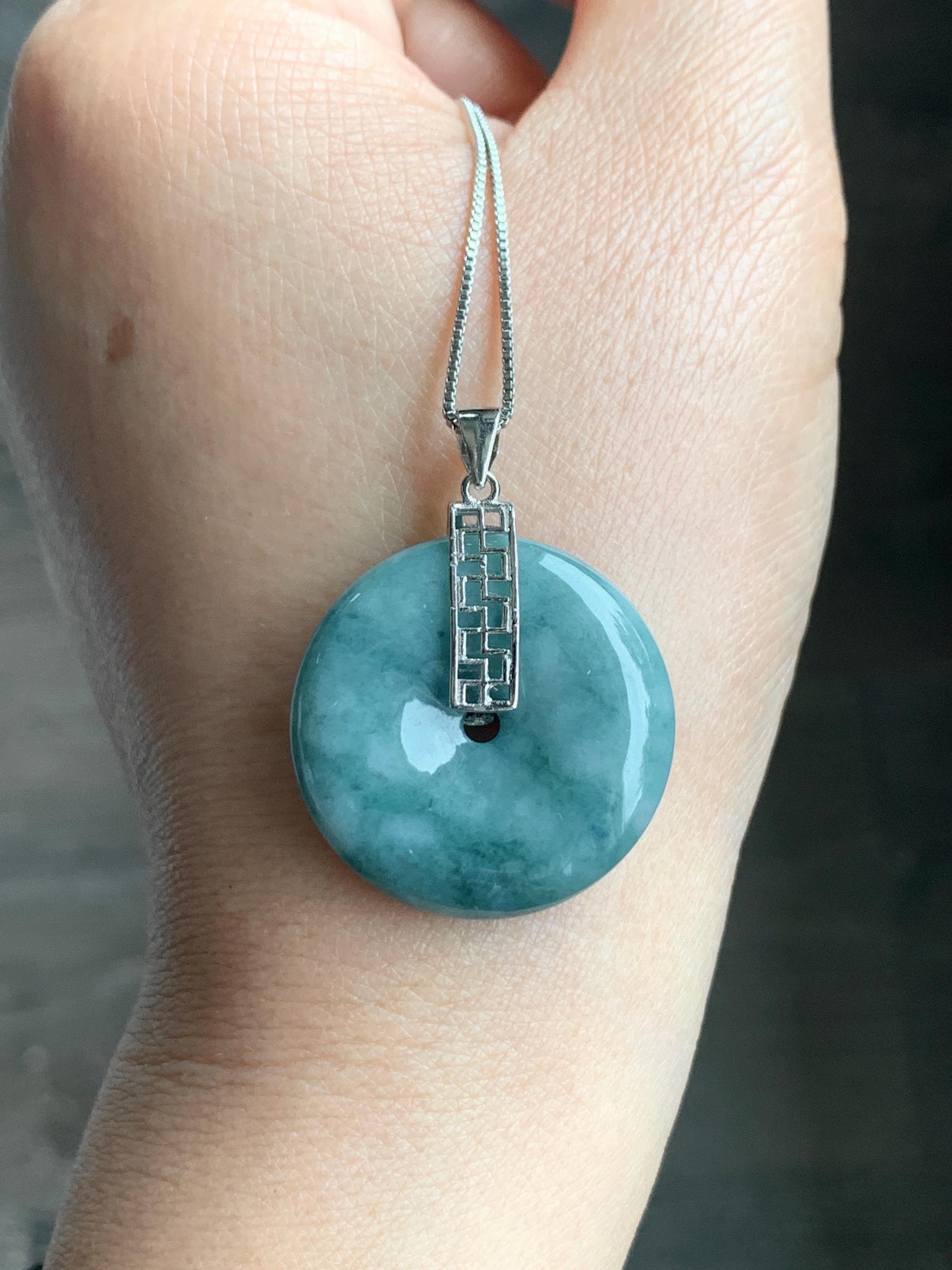 Natural Grade A Icy Translucent Teal Blue Marbled Jadeite Ping An Kou Donut Pendant Sterling Silver Bail 9g 天然糯冰飘花翡翠平安扣吊坠 MPK-3