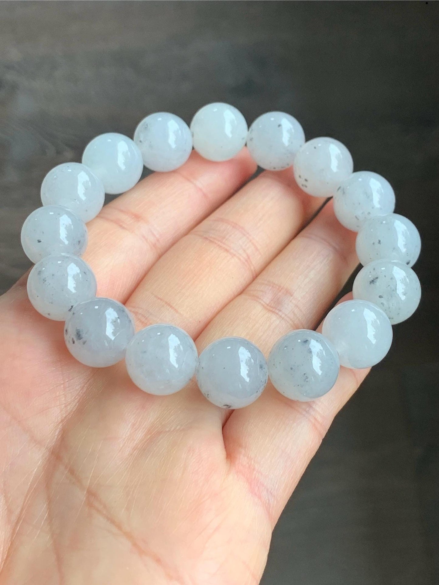 Certified Grade A Natural Premium Icy Highly Translucent Gelatinous Wuji Jadeite Beaded Bracelet 12.7mm 7.25" 56.37g 天然大卡冰胶白乌鸡翡翠手串 1494
