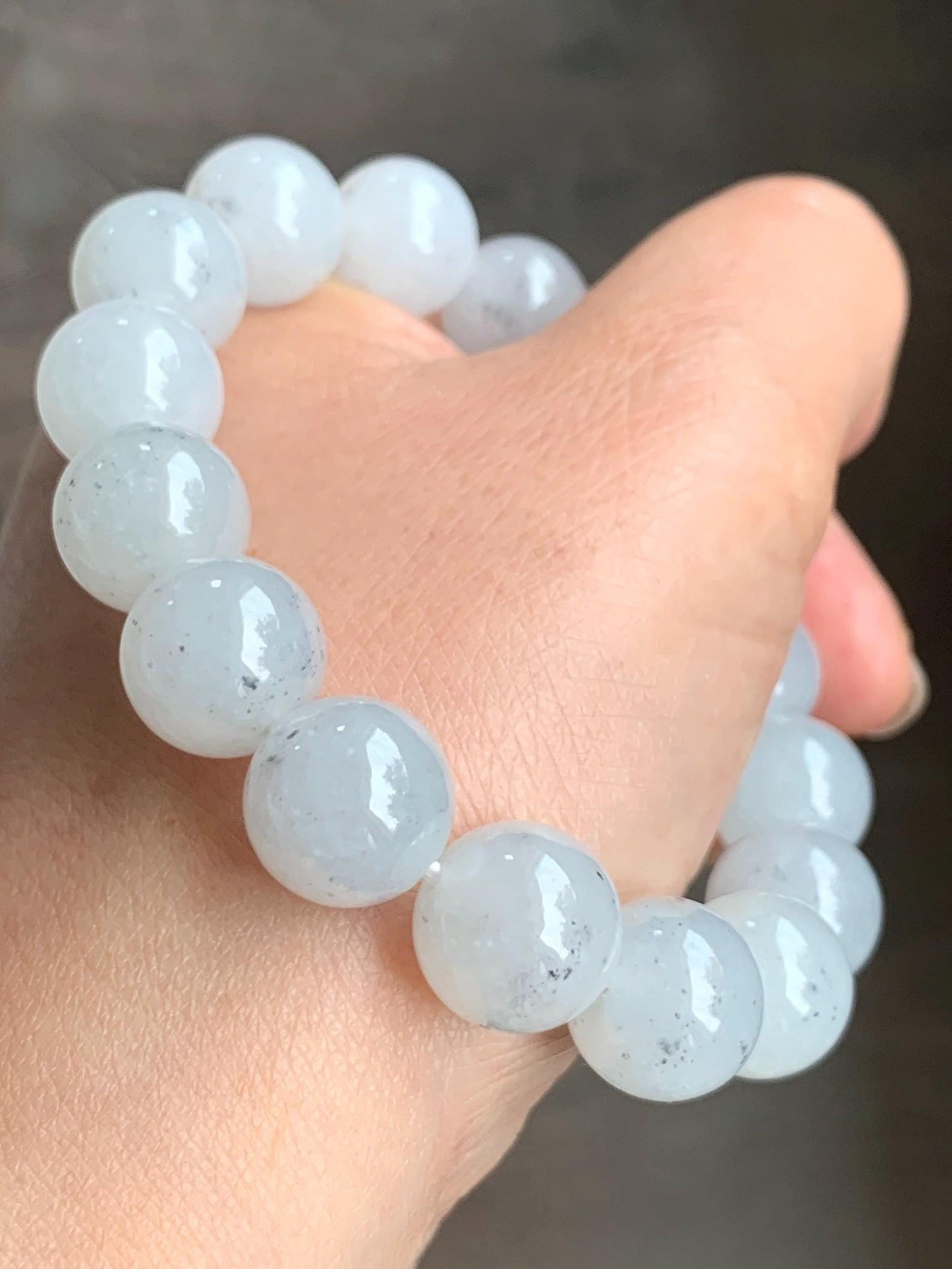 Certified Grade A Natural Premium Icy Highly Translucent Gelatinous Wuji Jadeite Beaded Bracelet 12.7mm 7.25" 56.37g 天然大卡冰胶白乌鸡翡翠手串 1494
