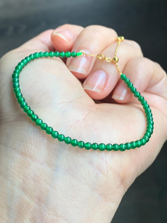 Natural Grade A Guatemalan Icy Translucent Vibrant Green Jadeite Petite Beaded Bracelet 18K Yellow Gold 6.75” 2.9mm 天然高冰危绿翡翠小卡圆珠手串 KJL350