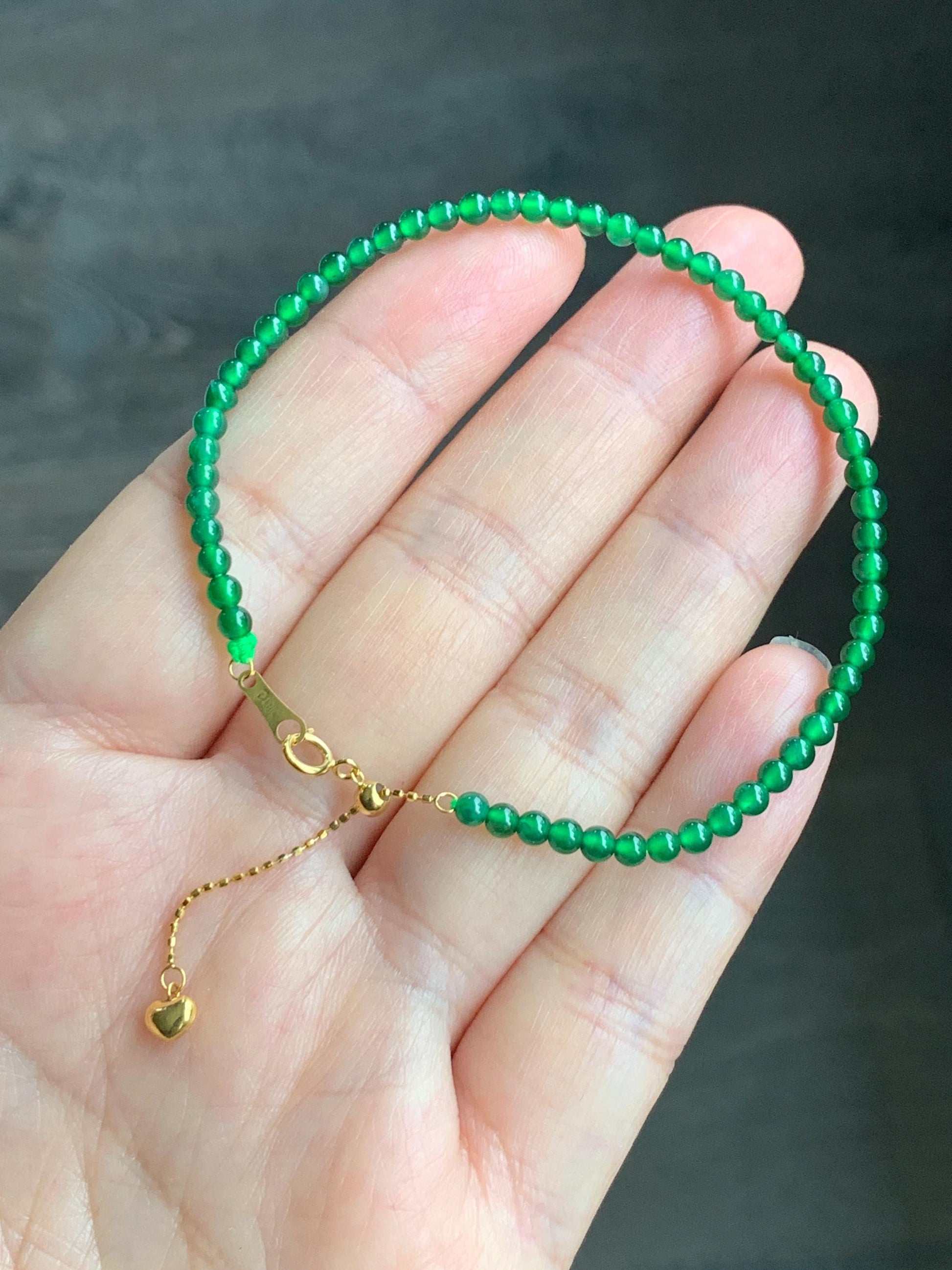 Natural Grade A Guatemalan Icy Translucent Vibrant Green Jadeite Petite Beaded Bracelet 18K Yellow Gold 6.75” 2.9mm 天然高冰危绿翡翠小卡圆珠手串 KJL350