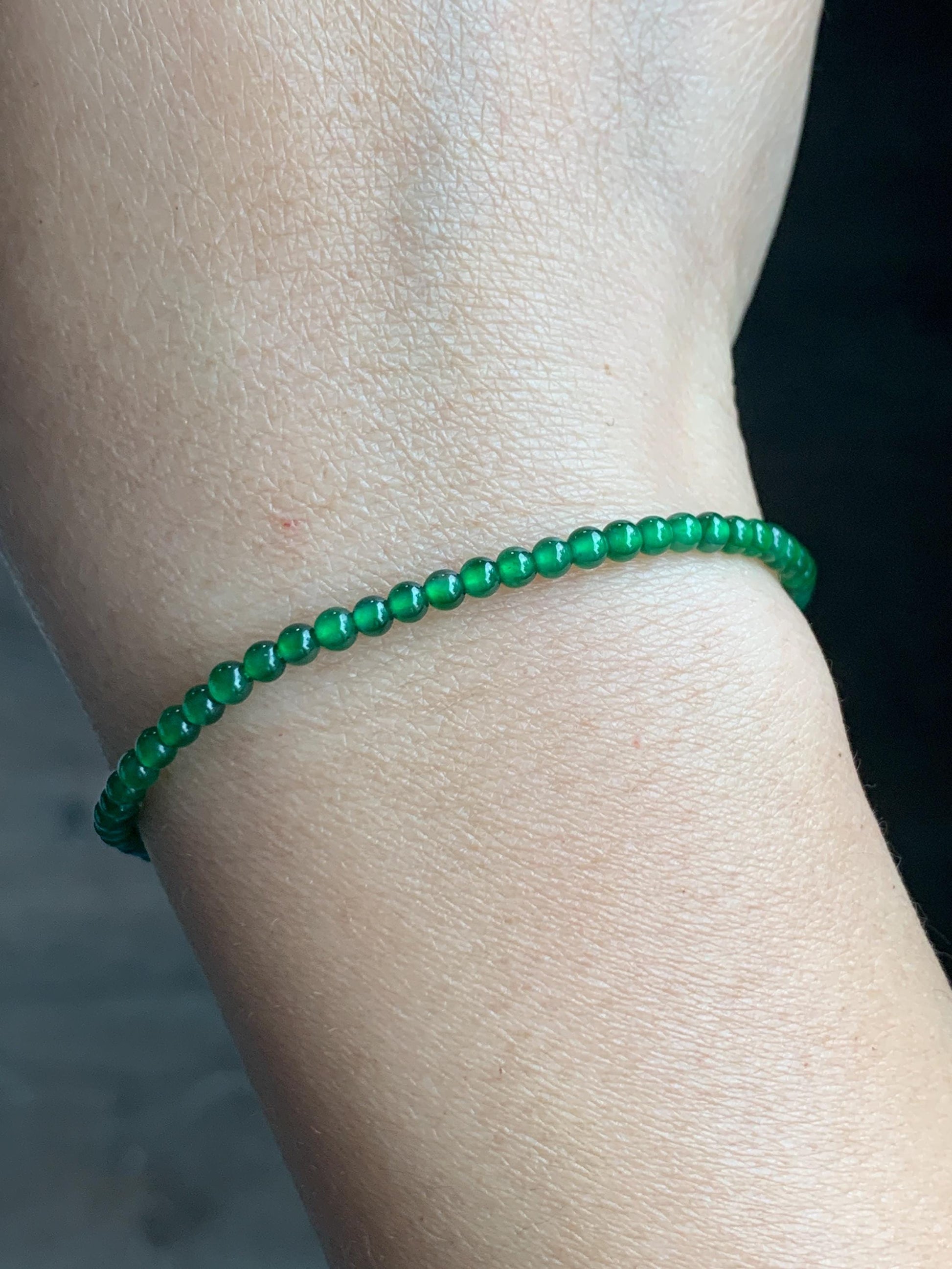 Natural Grade A Guatemalan Icy Translucent Vibrant Green Jadeite Petite Beaded Bracelet 18K Yellow Gold 6.75” 2.9mm 天然高冰危绿翡翠小卡圆珠手串 KJL350