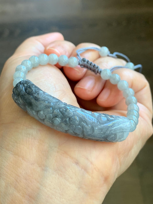 Natural Grade A Icy Translucent Wuji Jadeite Engraved Birds & Flower Cuff Wuji Beads Beaded Rope Bracelet 6.75” 21g 天然冰乌鸡翡翠仿古雕手牌手串 XQW139