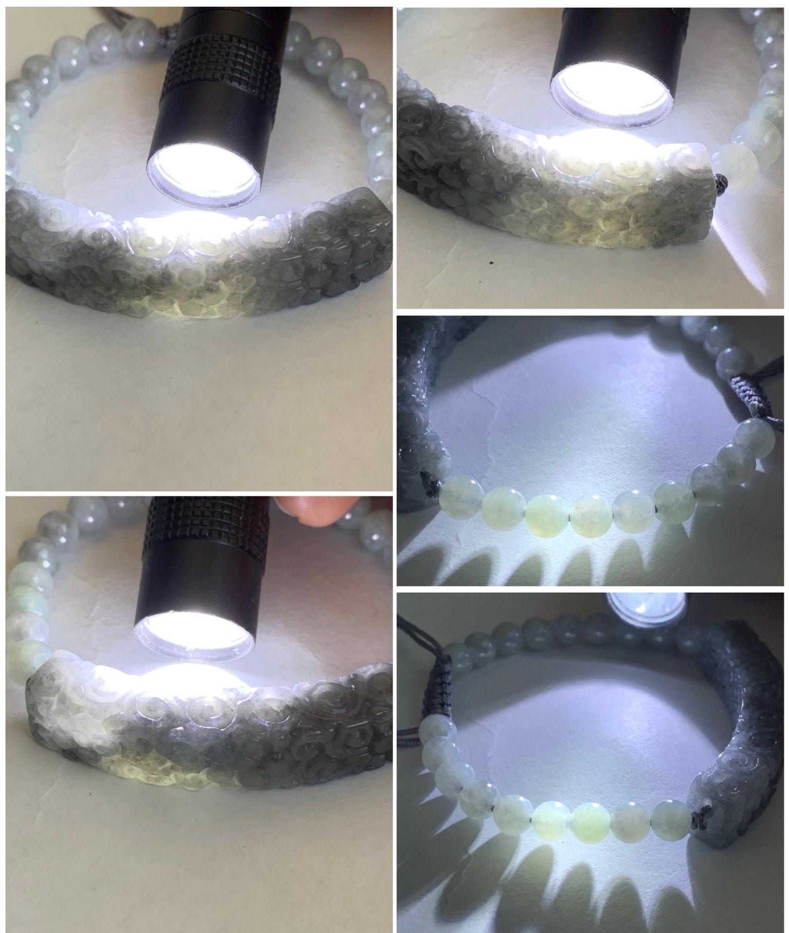 Natural Grade A Icy Translucent Wuji Jadeite Engraved Cuff Wuji Jadeite Beads Beaded Rope Bracelet 6.75” 19g 天然冰乌鸡翡翠仿古雕手牌手串 FGW129
