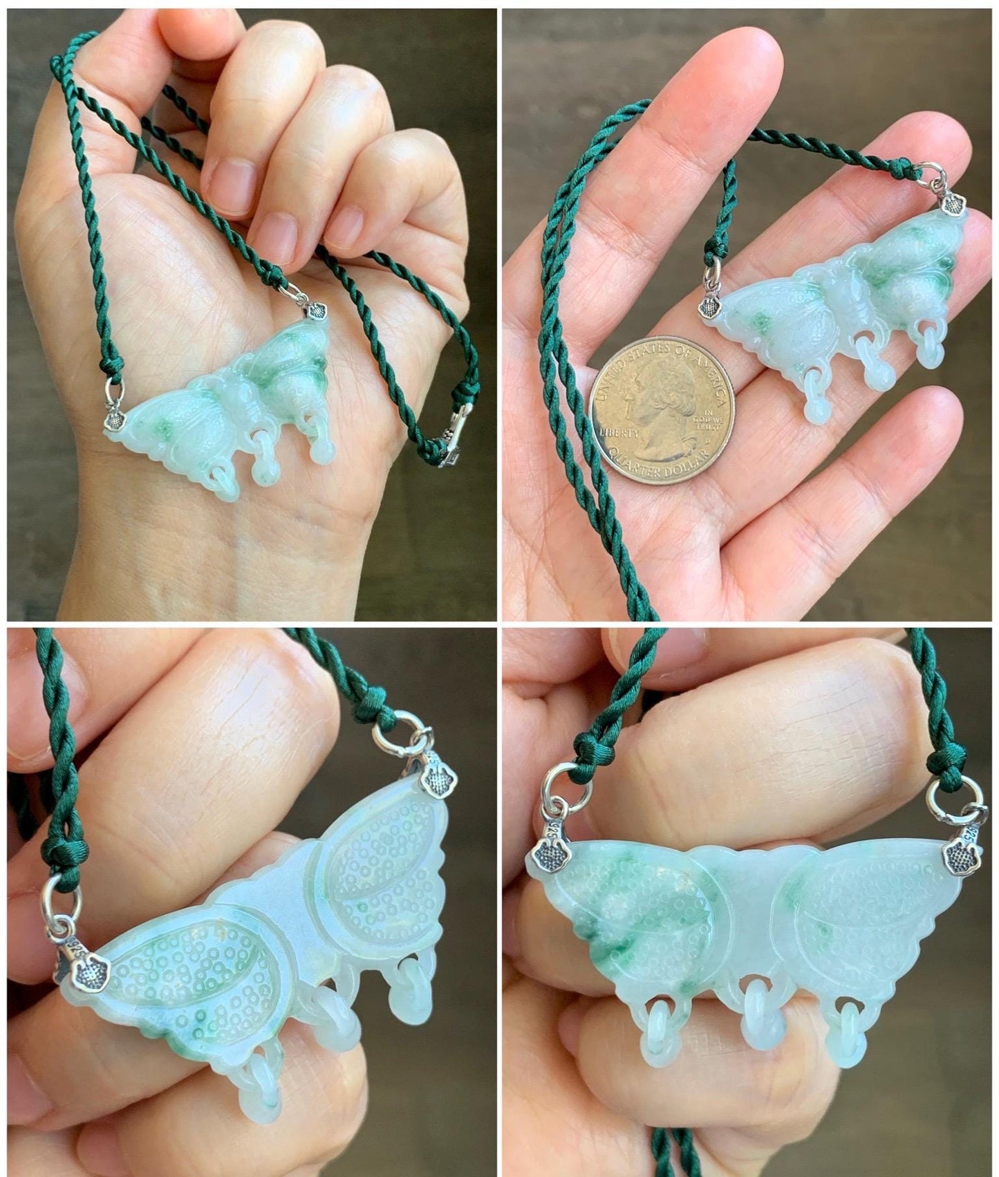 Natural Grade A Icy Translucent Green Marbled Jadeite Butterfly Pendant Rope Necklace Sterling Silver Clasp 20” 11g 天然冰飘花翡翠蝴蝶玉衡吊坠项链 A