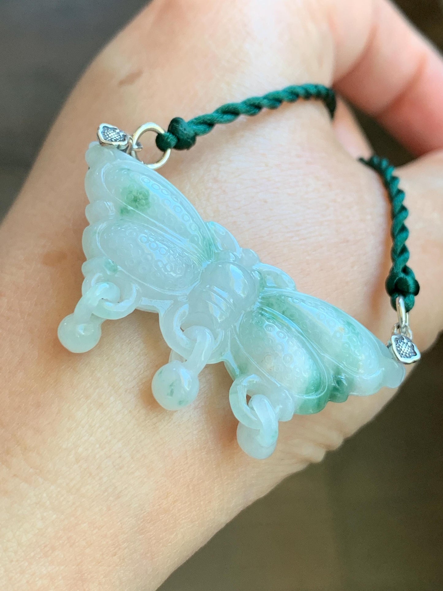 Natural Grade A Icy Translucent Green Marbled Jadeite Butterfly Pendant Rope Necklace Sterling Silver Clasp 20” 11g 天然冰飘花翡翠蝴蝶玉衡吊坠项链 A
