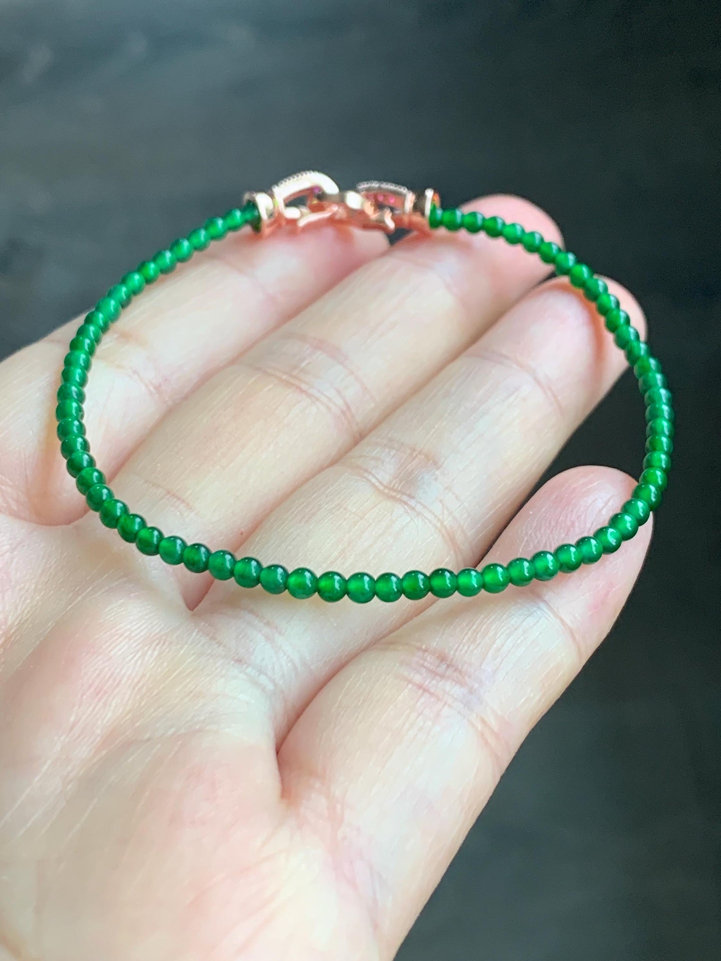 Natural Grade A Guatemalan Icy Highly Translucent Vibrant Green Jadeite Petite Beads Beaded Bracelet 7” 2.7mm 3g 天然高冰危绿翡翠小卡圆珠手串 KJ500