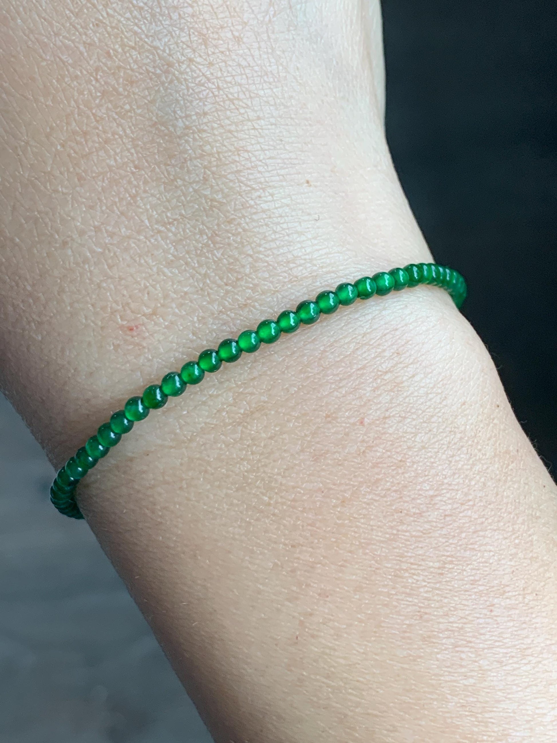 Natural Grade A Guatemalan Icy Highly Translucent Vibrant Green Jadeite Petite Beads Beaded Bracelet 7” 2.7mm 3g 天然高冰危绿翡翠小卡圆珠手串 KJ500