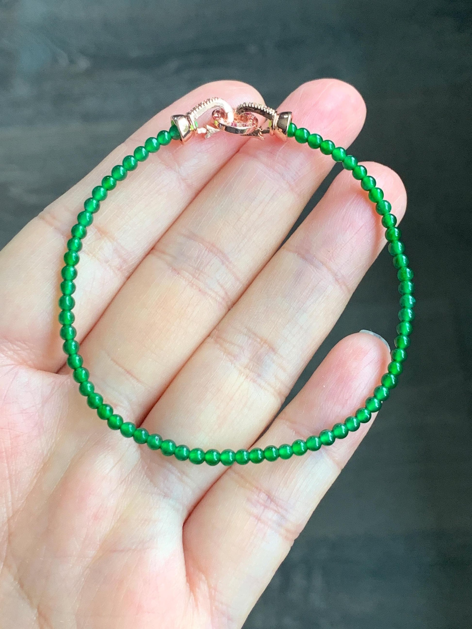 Natural Grade A Guatemalan Icy Highly Translucent Vibrant Green Jadeite Petite Beads Beaded Bracelet 7” 2.7mm 3g 天然高冰危绿翡翠小卡圆珠手串 KJ500