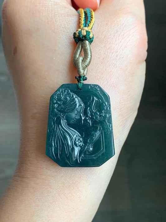 Natural Guatemalan Grade A Icy Translucent Dark Teal Green Jadeite Carved Beauty Pendant Rope Necklace Adjustable 25” 14g 天然冰危深蓝绿翡翠小美女吊坠挂件