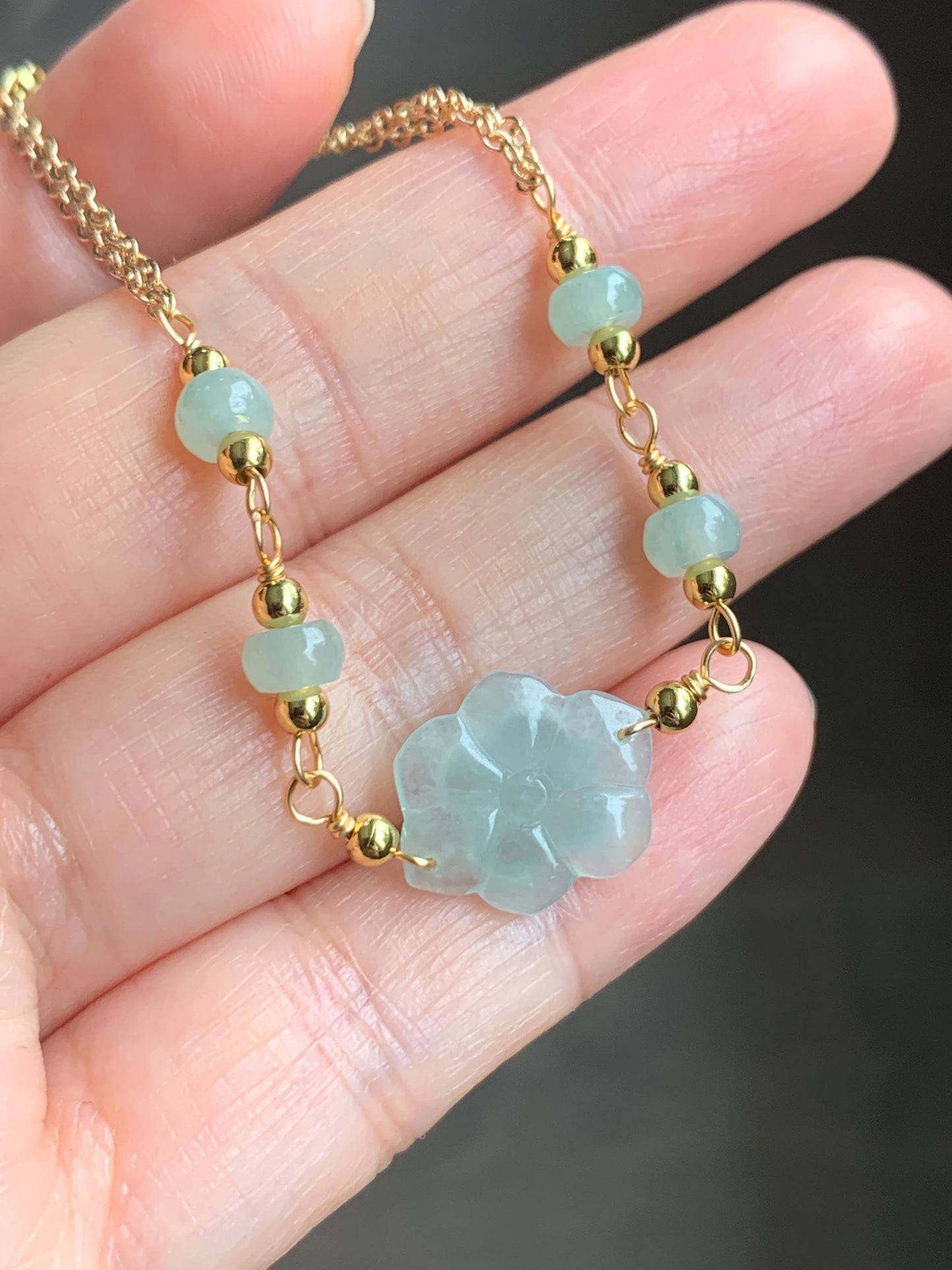 Natural Grade A Icy Translucent Light Green Jadeite Lotus Flower Chain Bracelet 14K Gold Filled Magnetic Clasp 6.5” 天然冰晴翡翠莲花14K包金手链 BJH-A