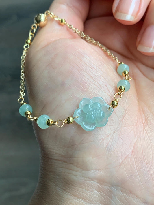 Natural Grade A Icy Translucent Light Green Jadeite Lotus Flower Chain Bracelet 14K Gold Filled Magnetic Clasp 6.5” 天然冰晴翡翠莲花14K包金手链 BJH-A