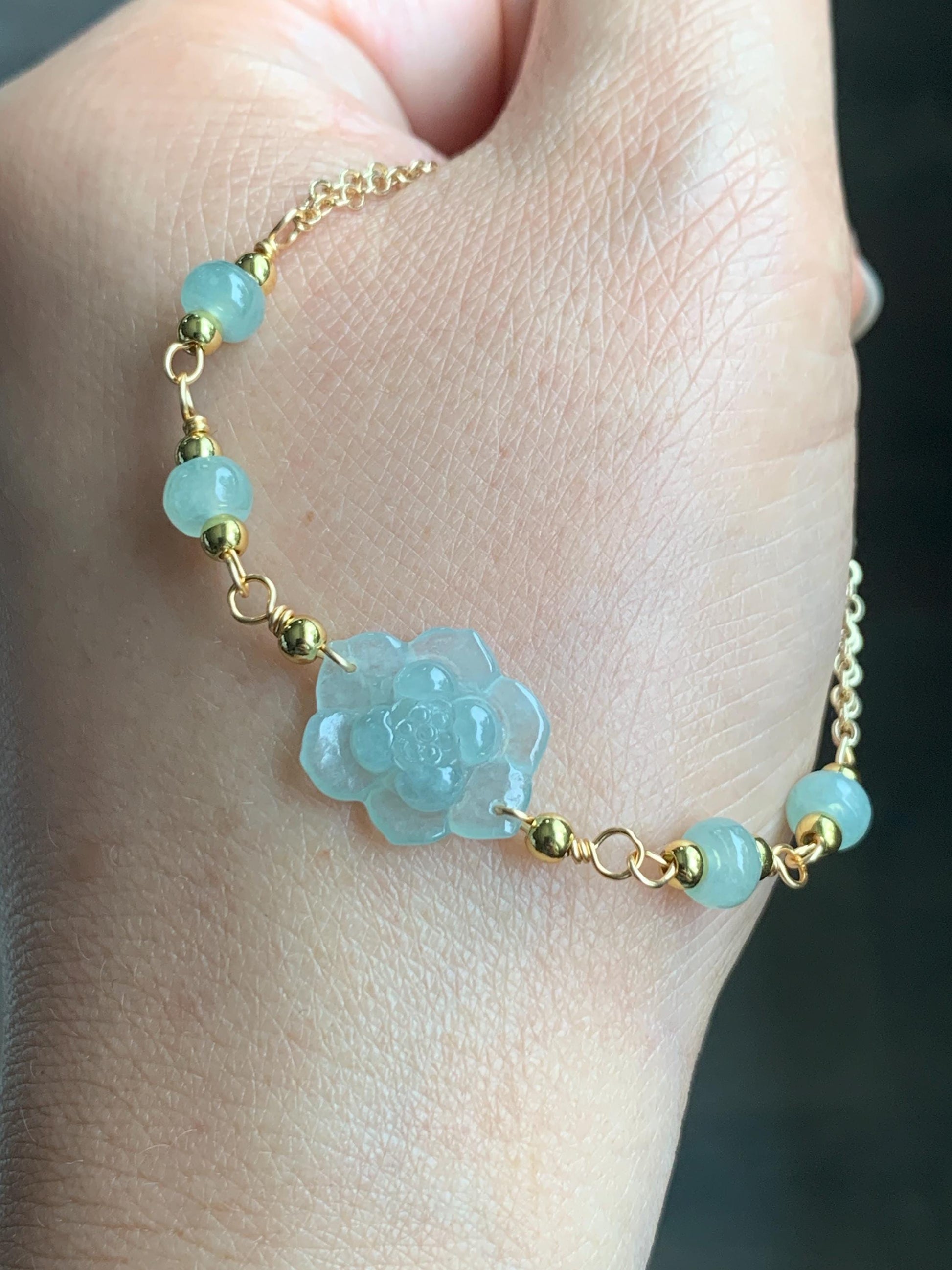 Natural Grade A Icy Translucent Light Green Jadeite Lotus Flower Chain Bracelet 14K Gold Filled Magnetic Clasp 6.5” 天然冰晴翡翠莲花14K包金手链 BJH-A