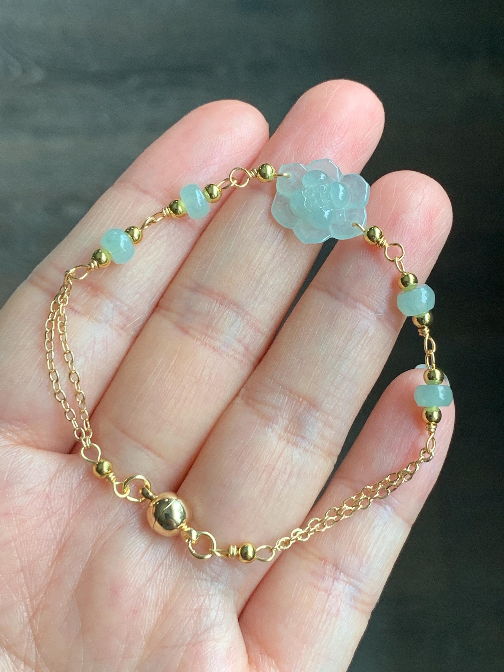 Natural Grade A Icy Translucent Light Green Jadeite Lotus Flower Chain Bracelet 14K Gold Filled Magnetic Clasp 6.5” 天然冰晴翡翠莲花14K包金手链 BJH-A