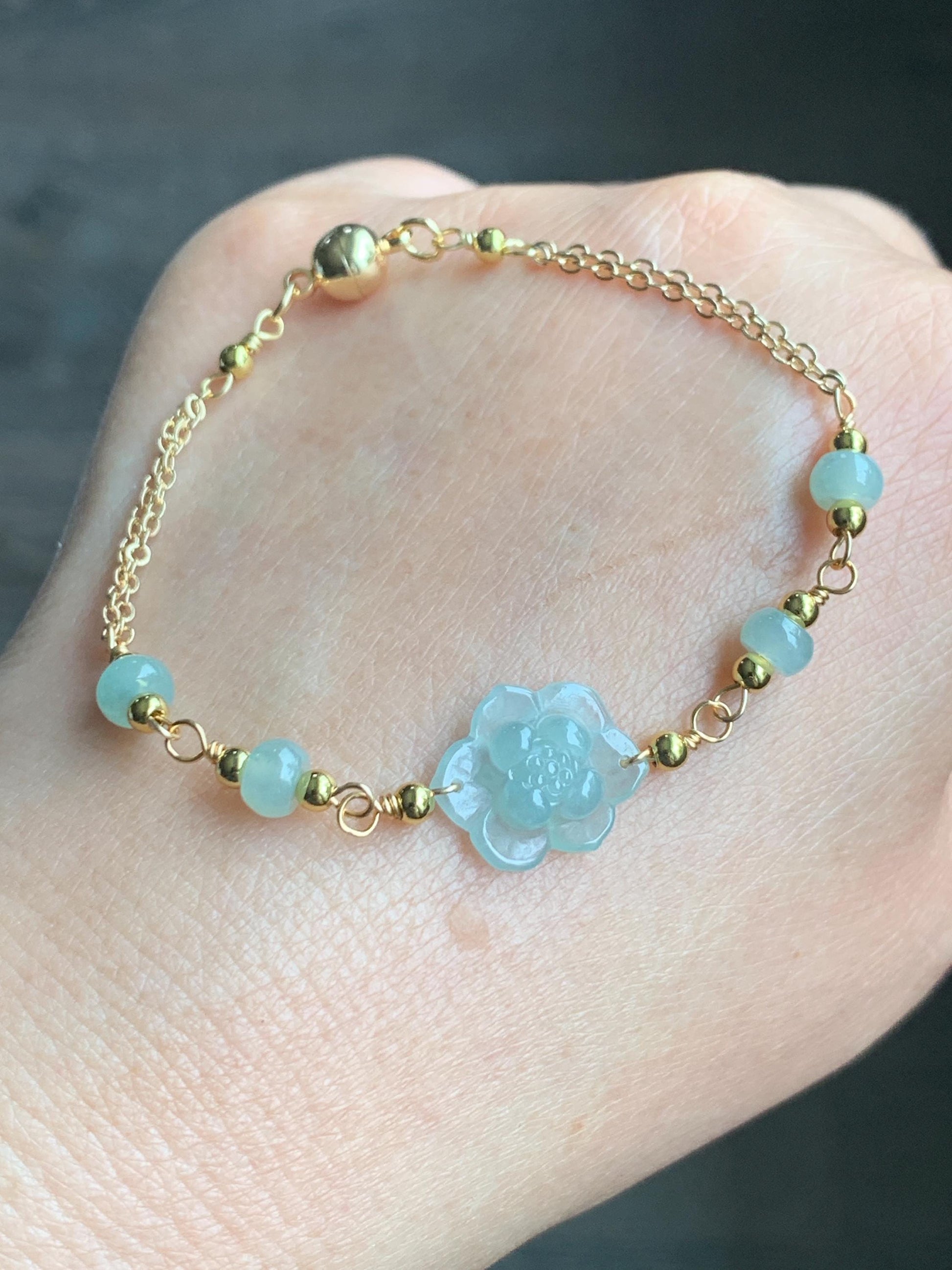 Natural Grade A Icy Translucent Light Green Jadeite Lotus Flower Chain Bracelet 14K Gold Filled Magnetic Clasp 6.5” 天然冰晴翡翠莲花14K包金手链 BJH-A
