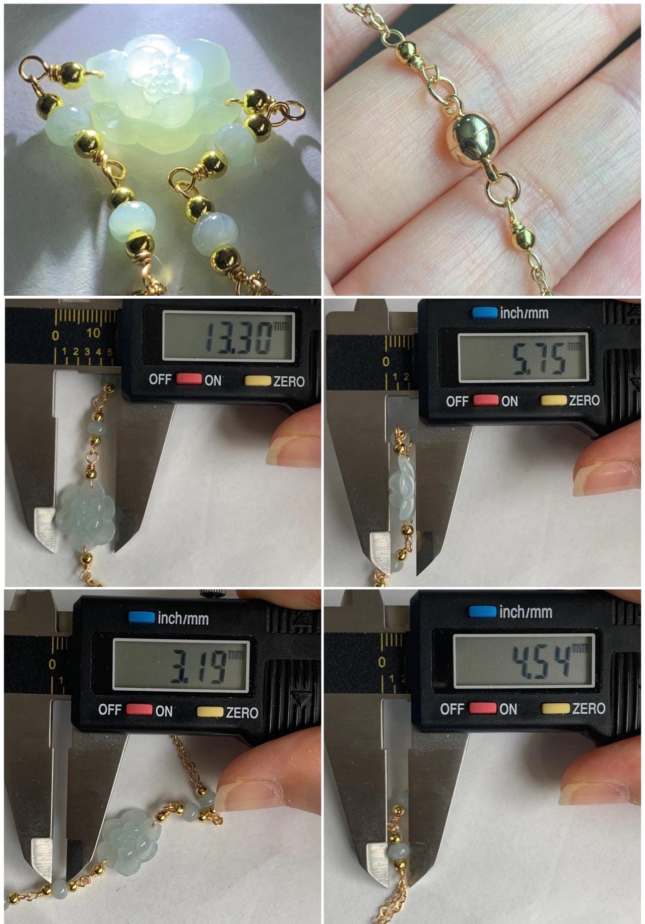 Natural Grade A Icy Translucent Pastel Green Jadeite Lotus Flower Chain Bracelet 14K Gold Filled Magnetic Clasp 6.5” 天然冰晴底翡翠莲花14K包金手链 BJH-B