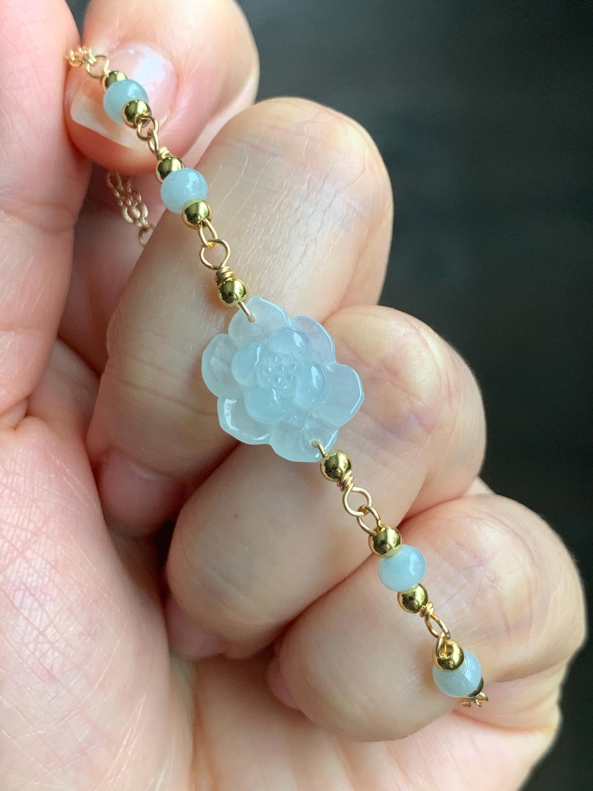 Natural Grade A Icy Translucent Pastel Green Jadeite Lotus Flower Chain Bracelet 14K Gold Filled Magnetic Clasp 6.5” 天然冰晴底翡翠莲花14K包金手链 BJH-B